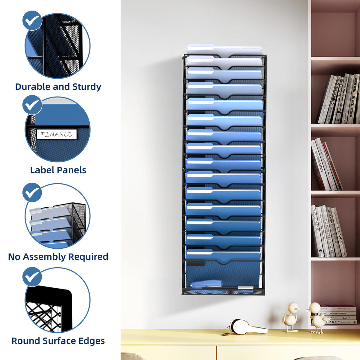 DALTACK Wall File Holder 16 Tier Hanging Wall File Organizer, for Papers Mails Folders Clipboard