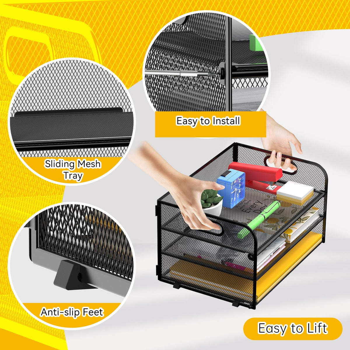 MINDEPOT 3 Tier Paper Organizer Tray with Handle, Mesh Letter Tray