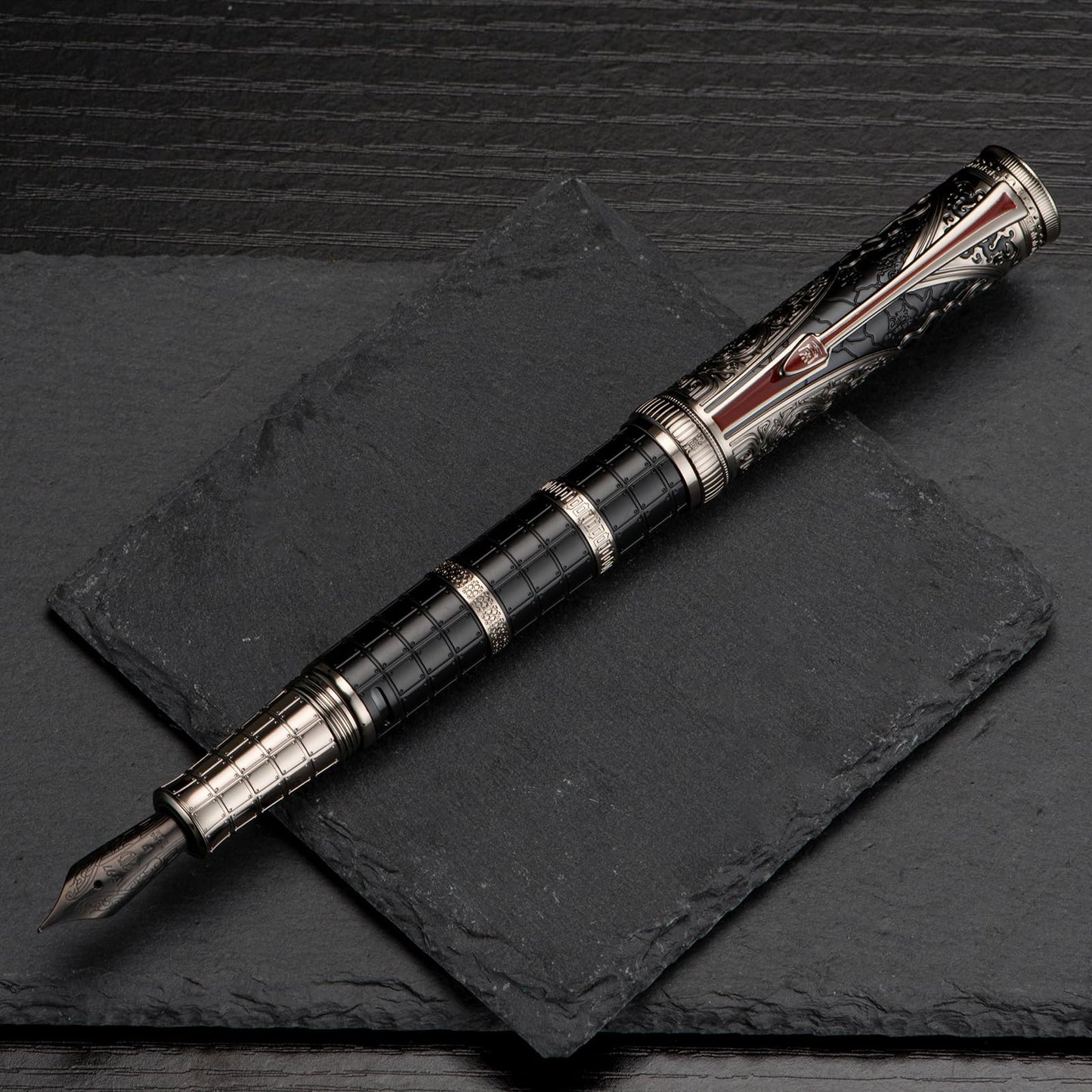 HONG DIAN D5 Qin Dynasty Fountain Pen Black Silver, Fine Nib Piston Filling Pen, Retro Chinese