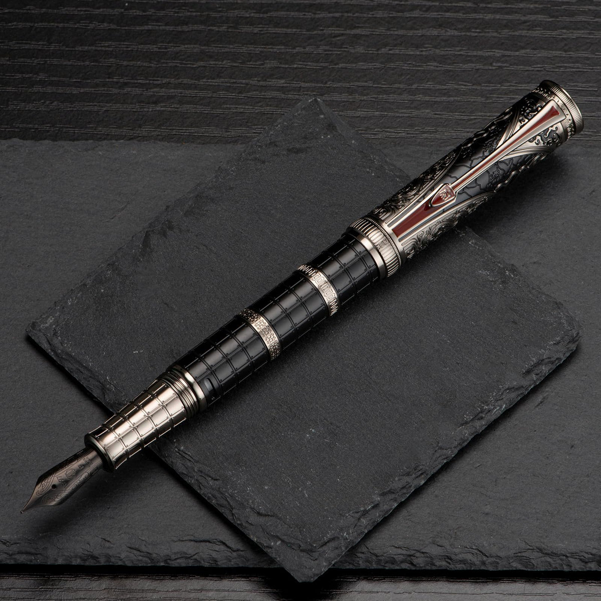 HONG DIAN D5 Qin Dynasty Fountain Pen Black Silver, Fine Nib Piston Filling Pen, Retro Chinese