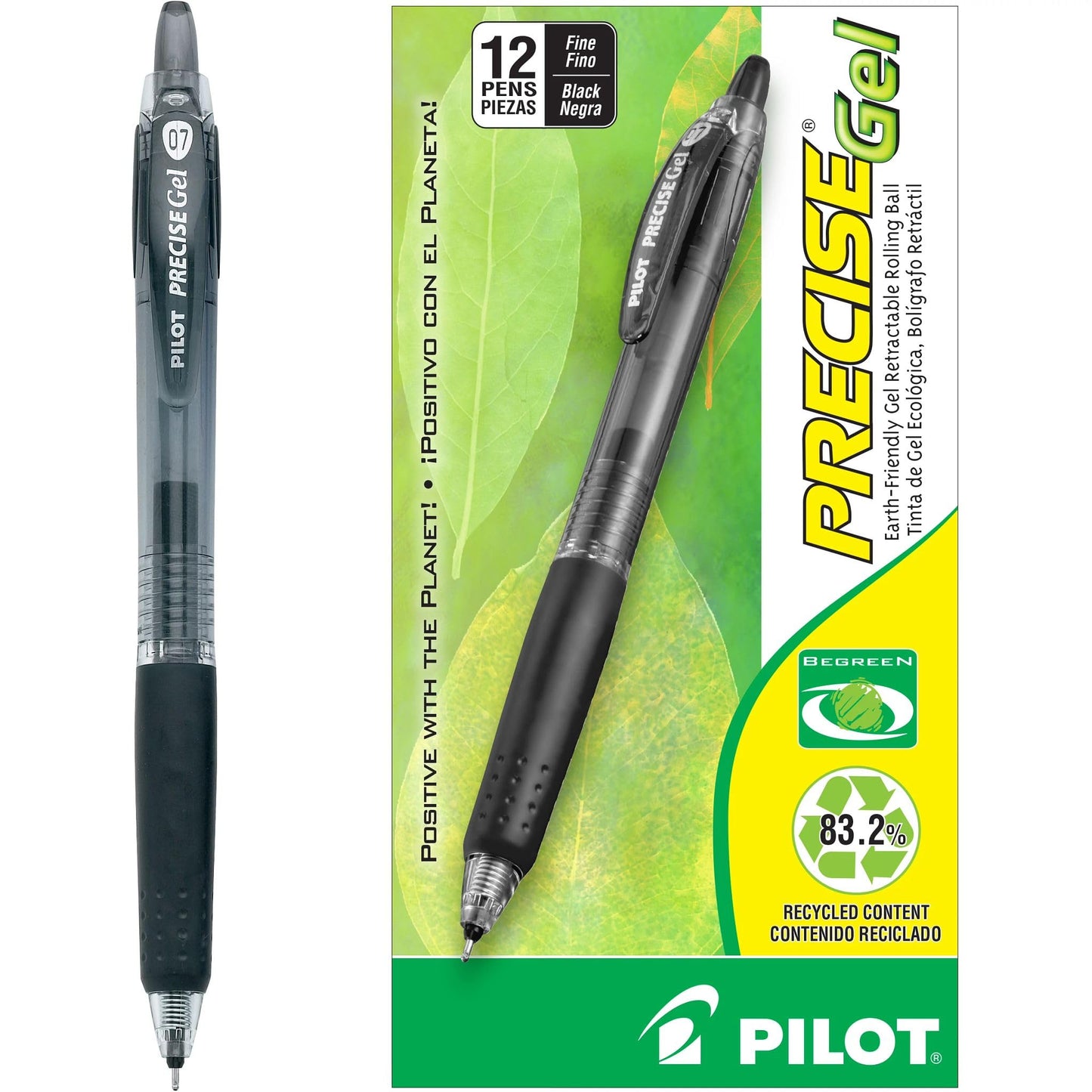 PILOT Precise Gel BeGreen Refillable & Retractable Rolling Ball Pens, Fine Point, Black Ink