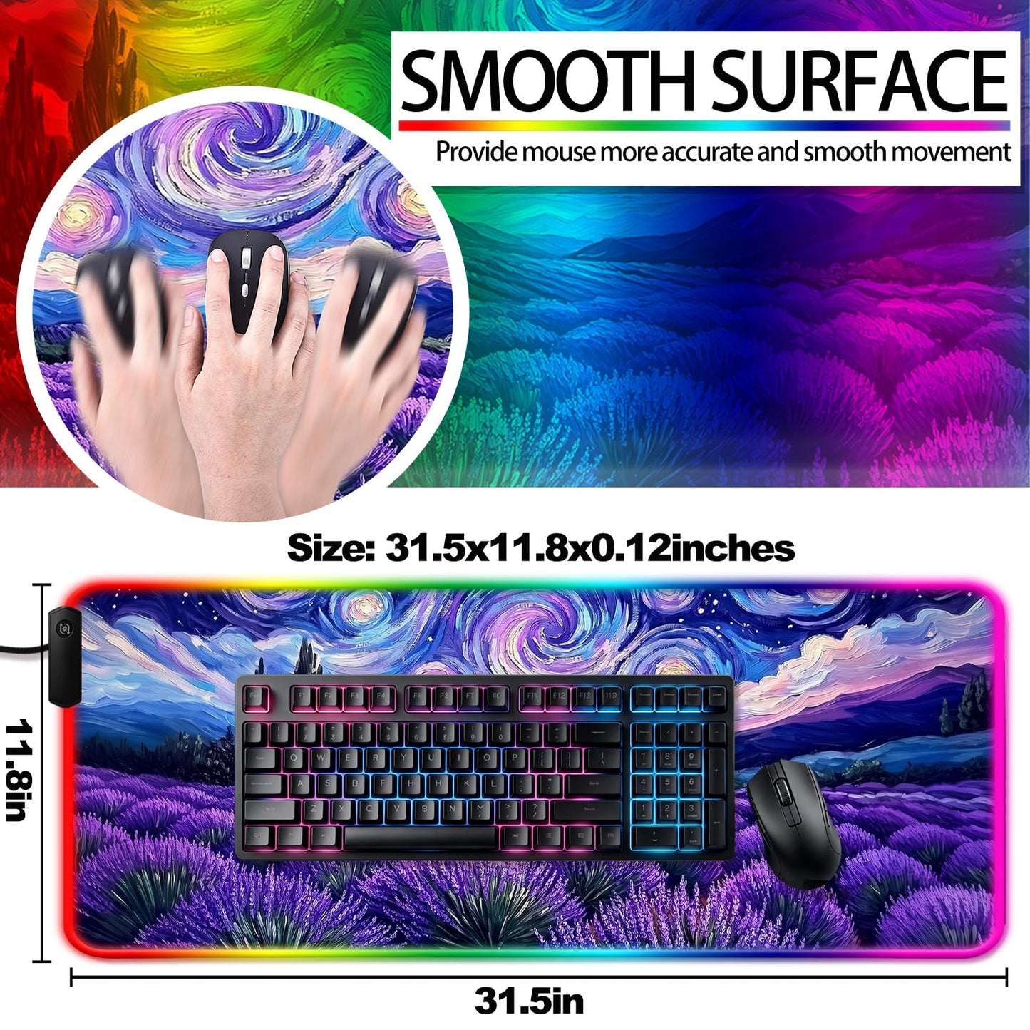 JIANG100 RGB Lavender Field Starry Night Gaming Desk Mat & Mouse Pad, XL