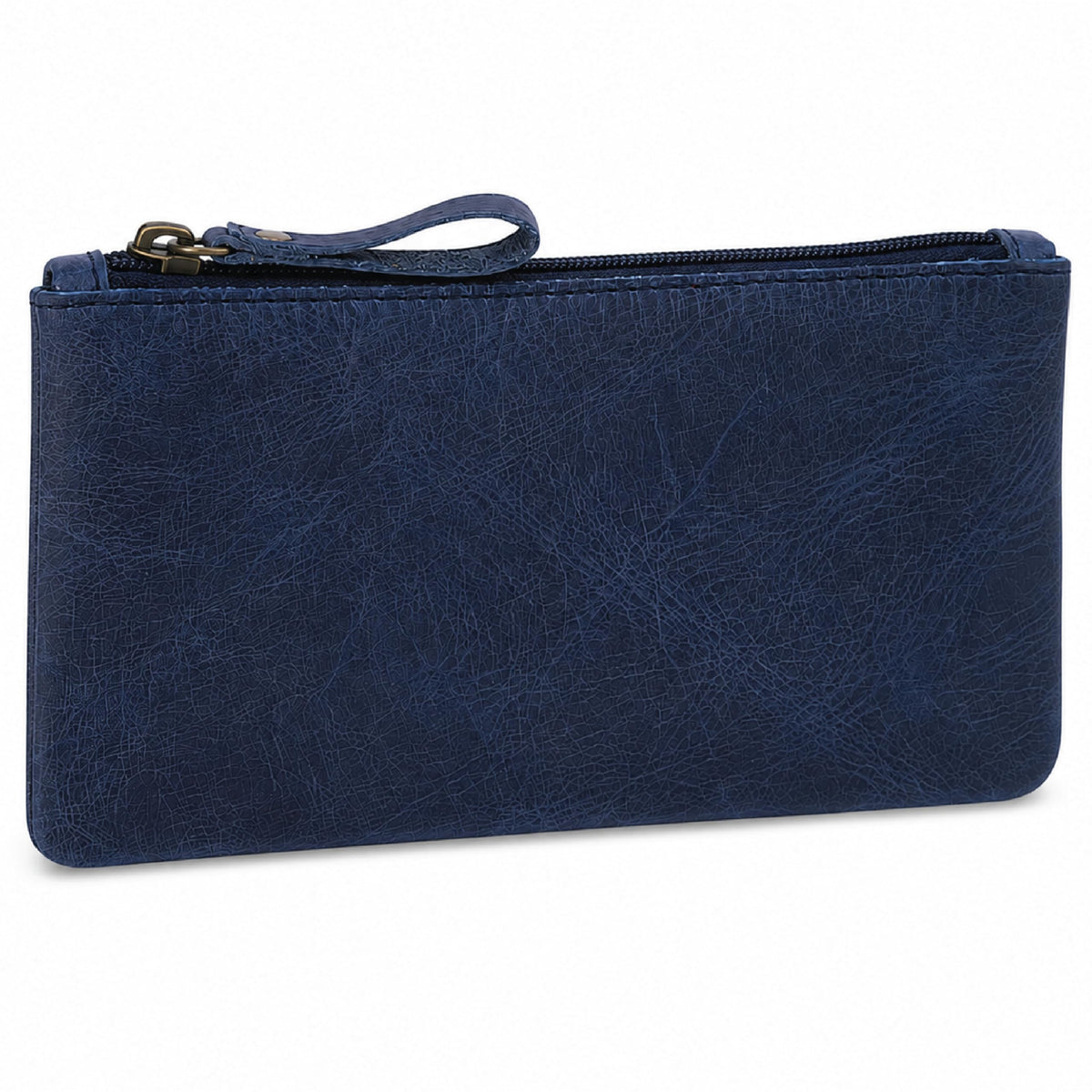 TheAntiq Blue Leather Pencil Pouch with Zipper - Slim Pen Holder (8" x 4" Inches), Coin Pouch &