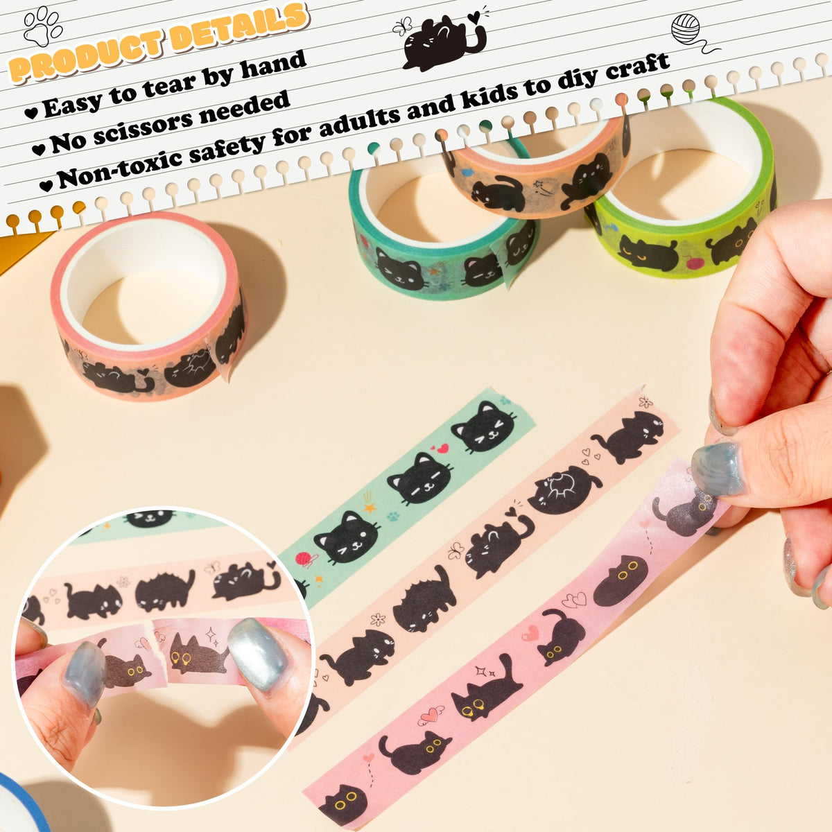BkeeCten Black Cat Washi Tape - 24 Pcs Cute Trendy Black Cat Design Cute Eco-Friendly Masking Tape