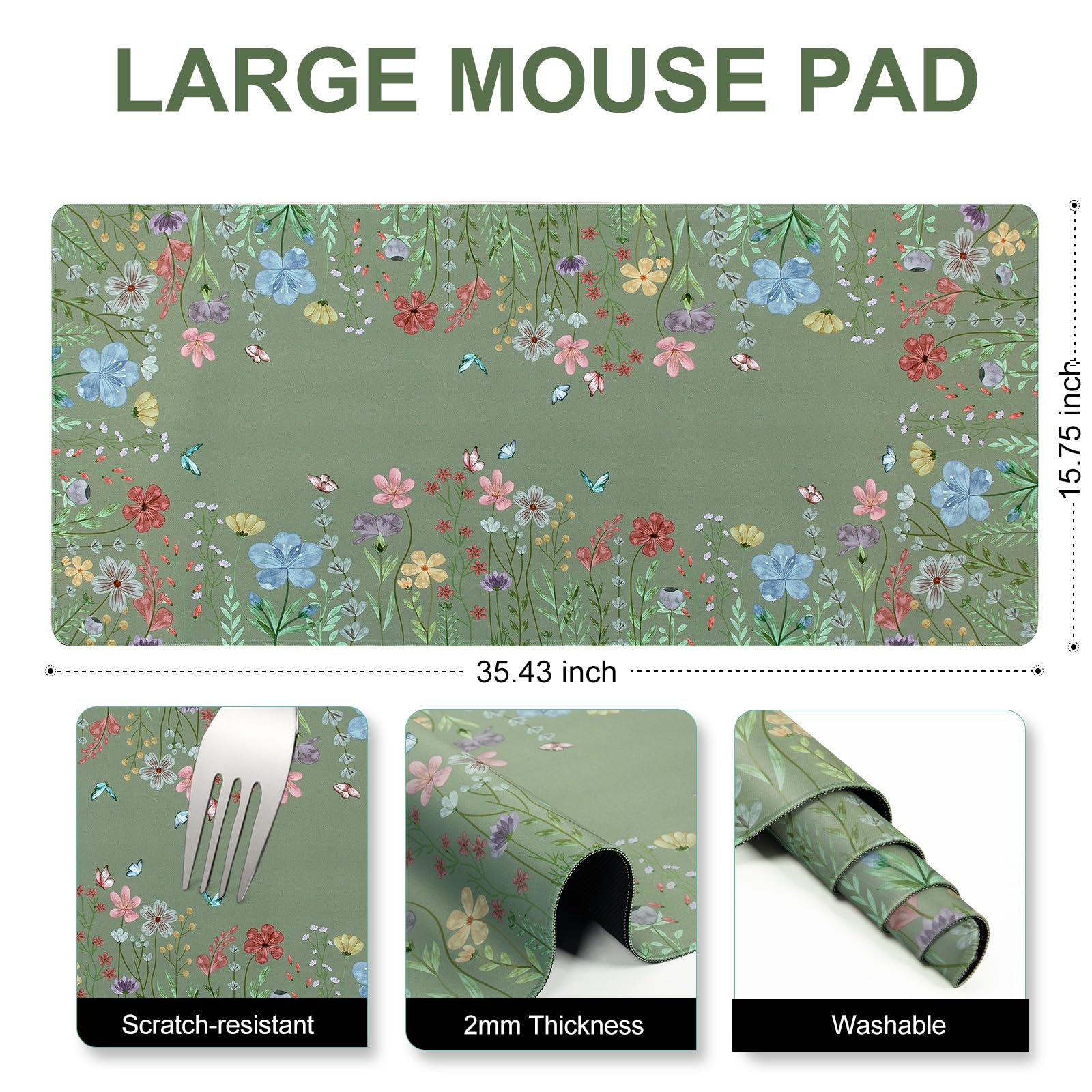 L-SPOUTTO Green Floral Desk Mat for Keyboard and Mouse,XXL Large Mouse Pad