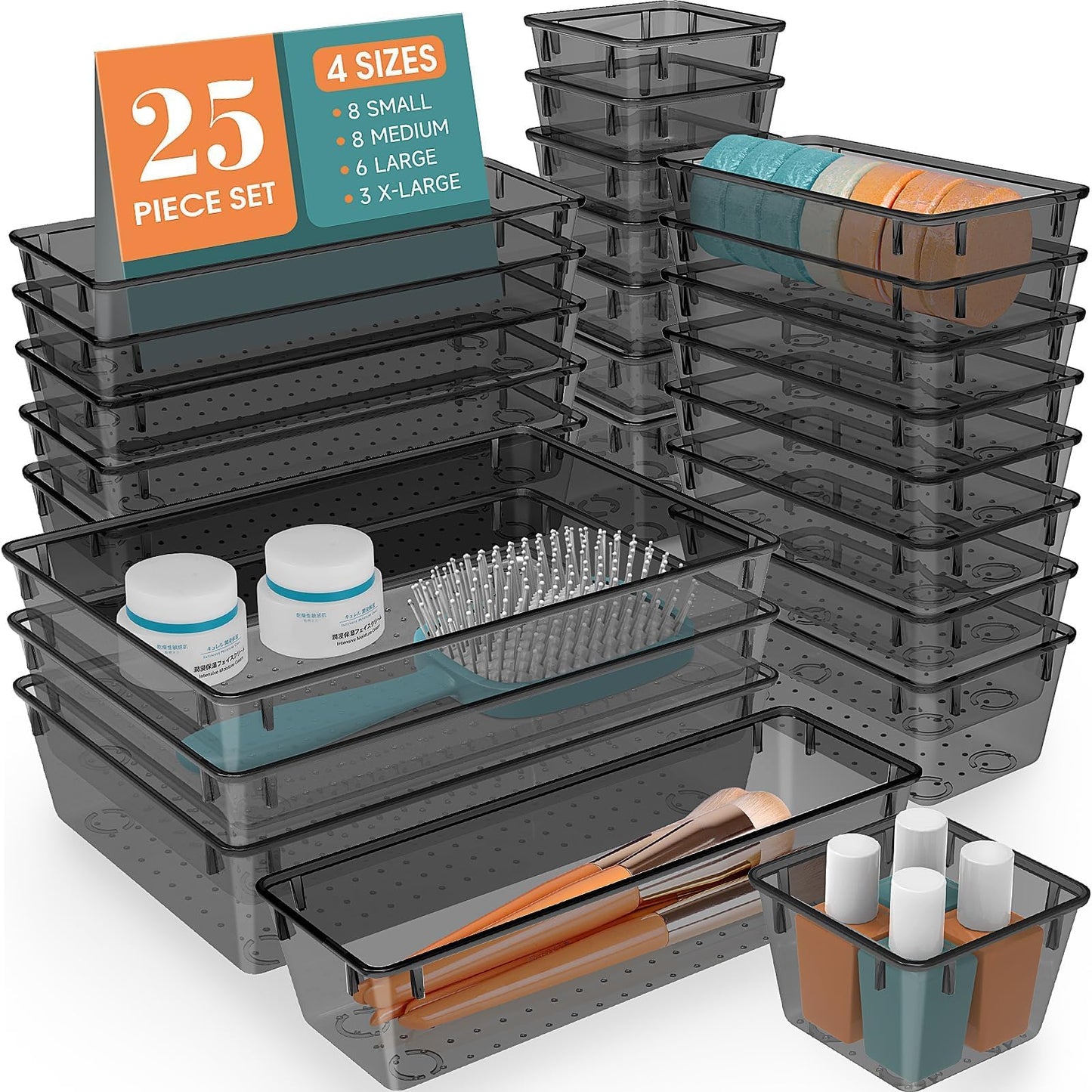 25 PCS Drawer Organizer Set, 5 Size Bathroom and kitchen organizer Trays