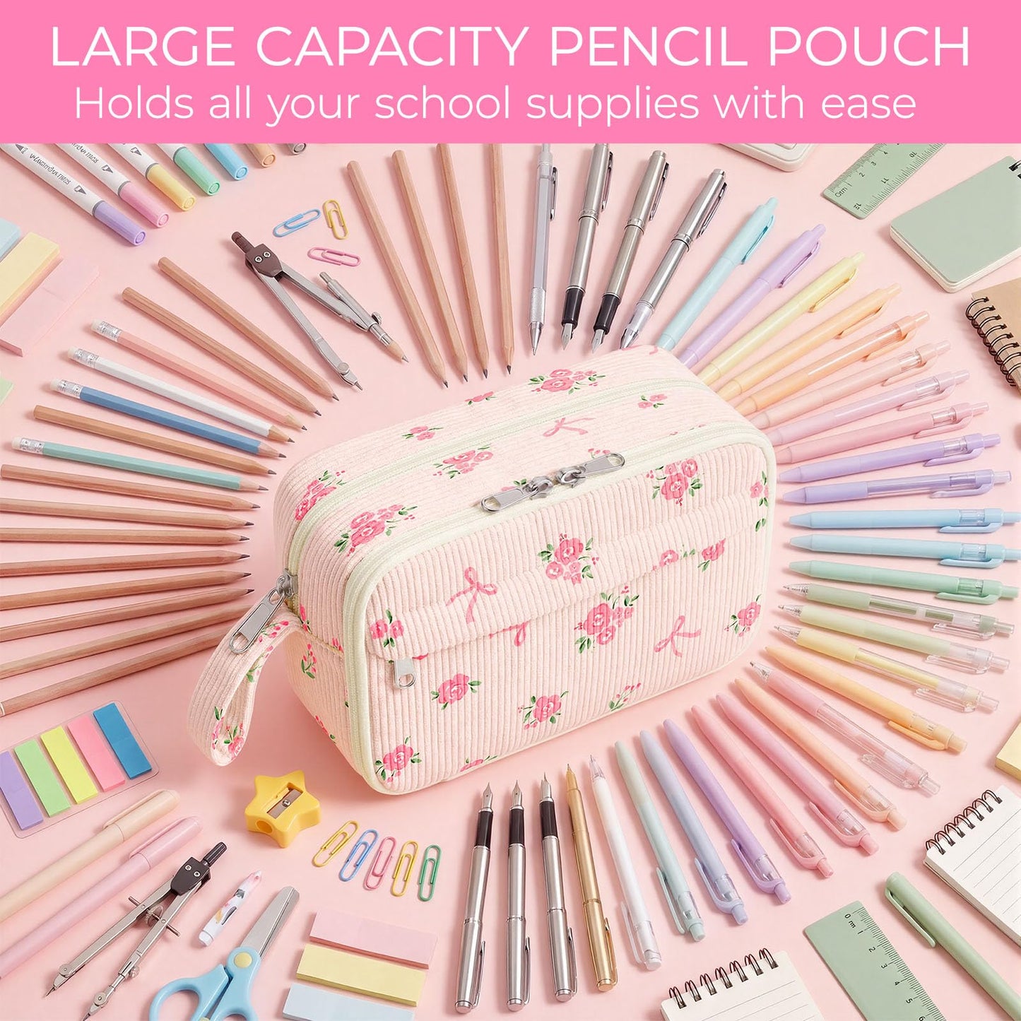 WOBAGMEN Cute Pencil Case,Large Corduroy Zippered Pencil Case Pouch, aesthetic Pencil Bag with