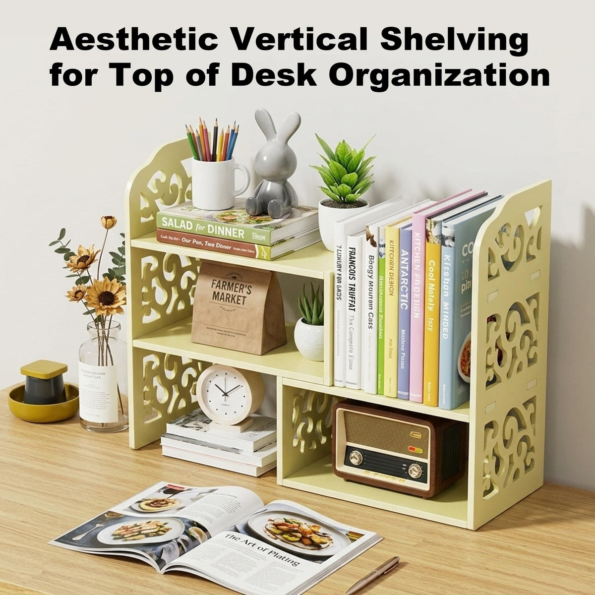 YGYQZ Adjustable Desktop Shelf Organizer, 3-Tier Desk Shelf, Beige Pattern