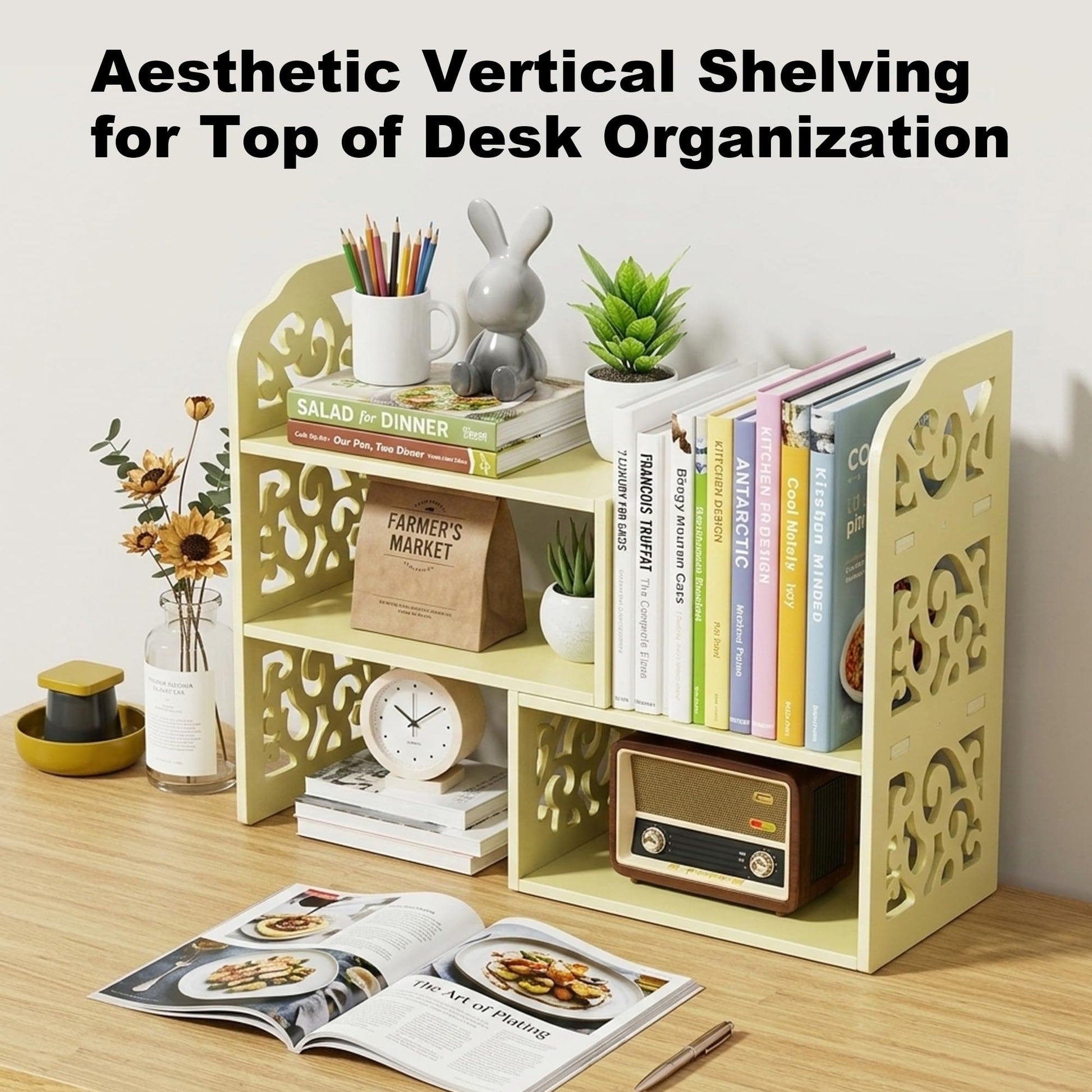 YGYQZ Adjustable Desktop Shelf Organizer, 3-Tier Desk Shelf, Beige Pattern