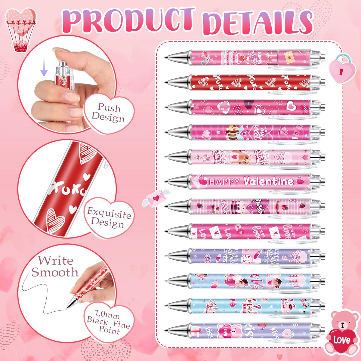 Dispowreath 48 Pcs Valentines Day Pens Bulk Valentine Gift Pen Set Heart Pens Love Gel Ink Pen Cute