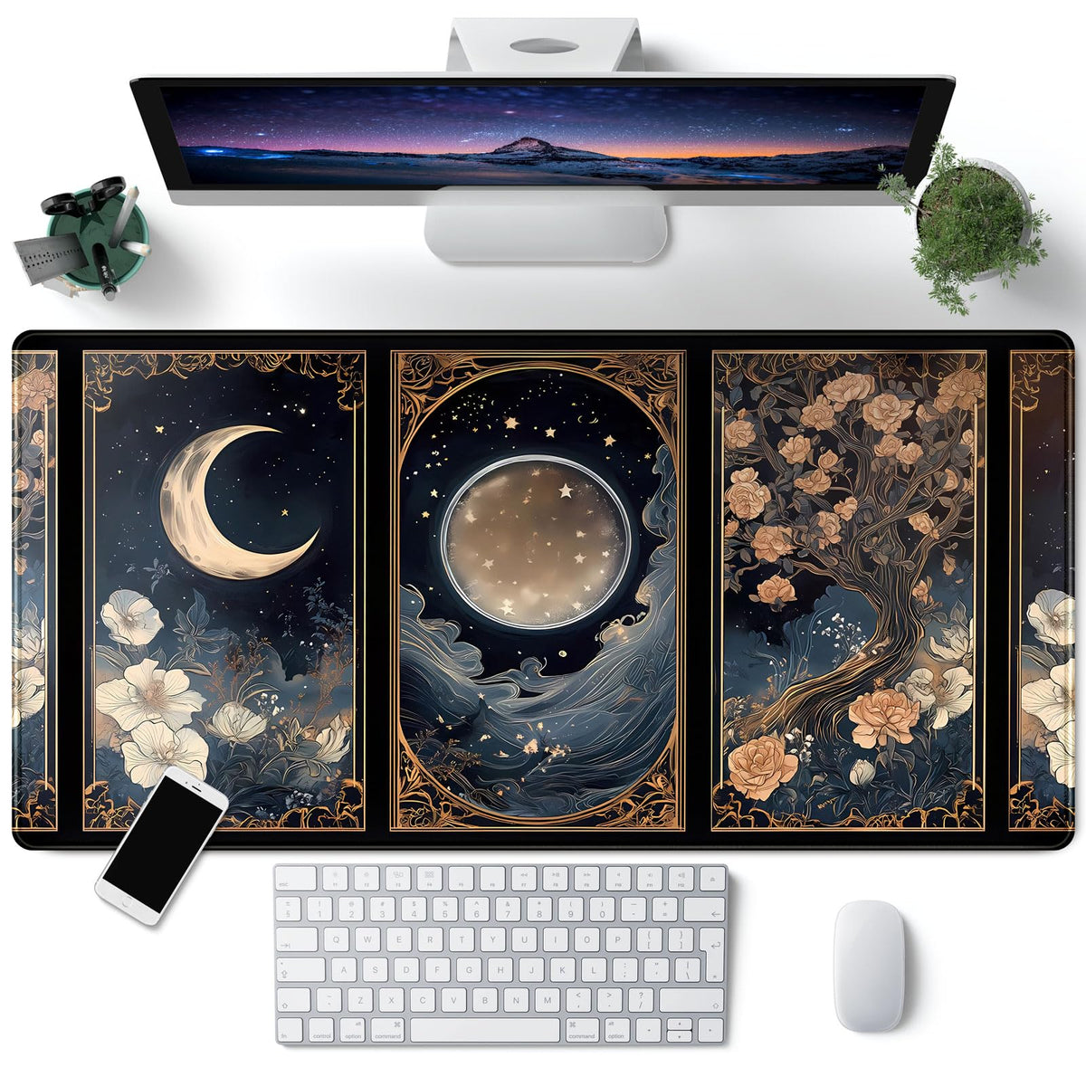 Celestial Lunar Nature Tarot Card Desk Mat Moon Floral Large Mouse Pad XXL 31.5''X 15.7'' Witch