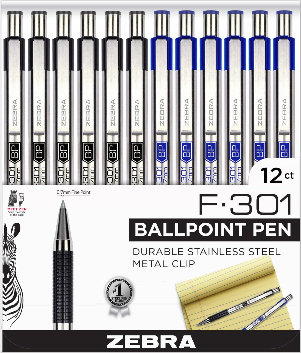 Zebra Pen F-301 Retractable Ballpoint Pen, Stainless Steel Barrel, Fine Point 0.7mm, Non-Slip Grip