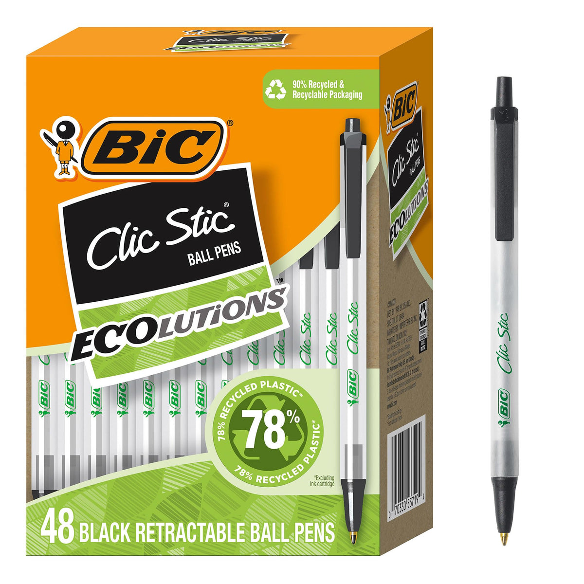 BIC Ecolutions Clic Stic Black Ballpoint Pens, Medium Point, 48-Count