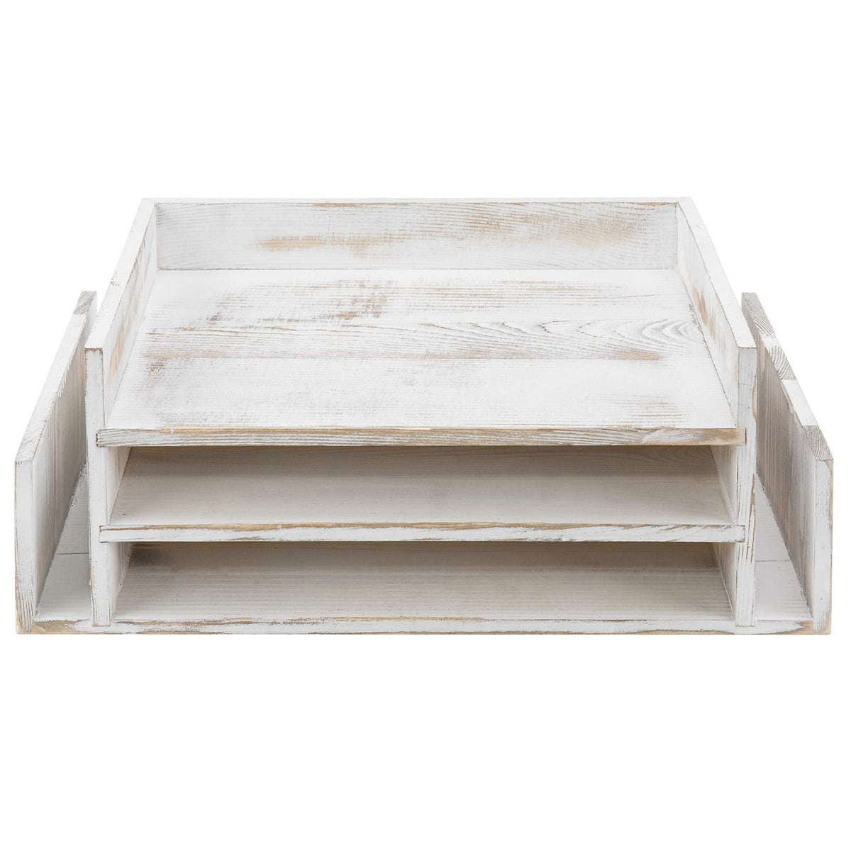MyGift 3-Tier Desk Organizer & File Tray, Wood Letter Holder for Office, Farmhouse White Wood