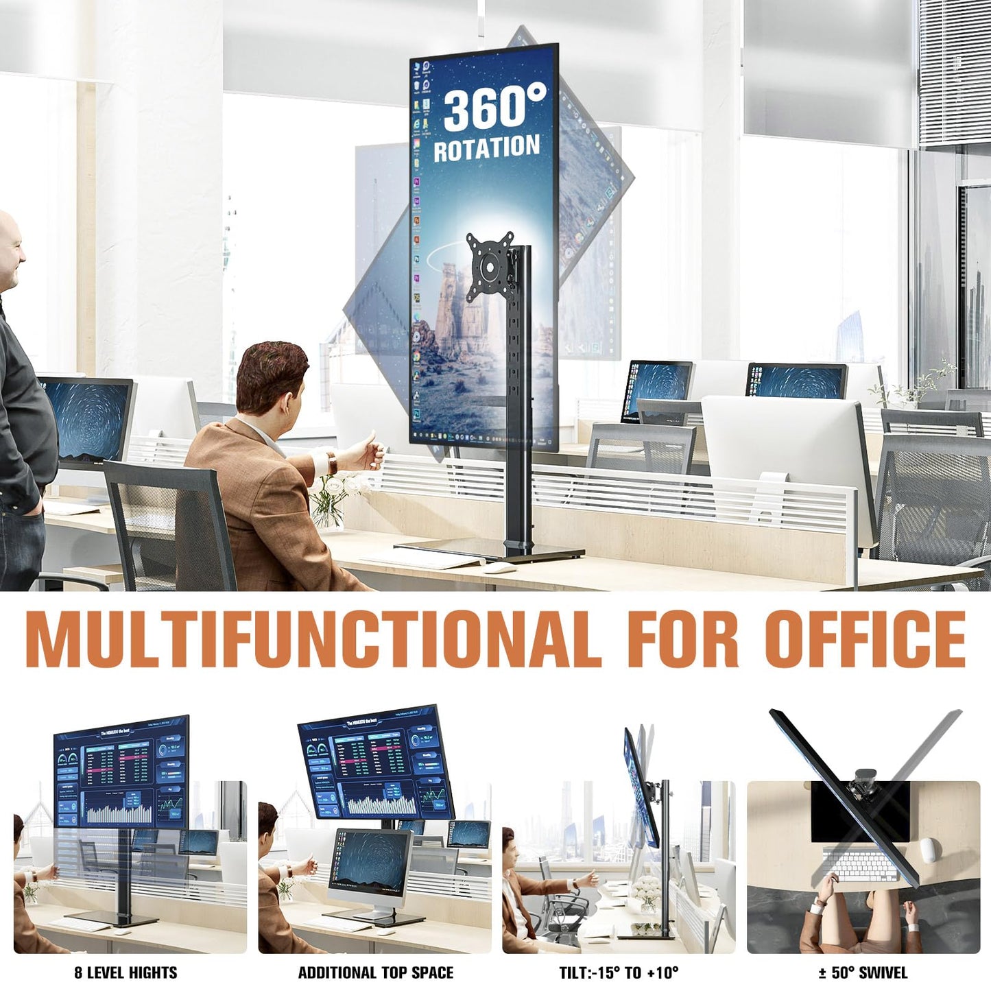 Single Monitor Stand Freestanding 27-43 Inch Monitor Arm Curved Screen Monitor Mount Tempered Glass