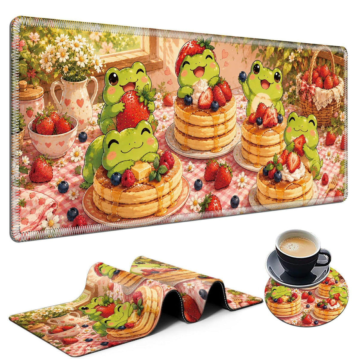 Frog Pancake Party Large Mouse Pad, 31.5 x 11.8 in Extended Desk Mat