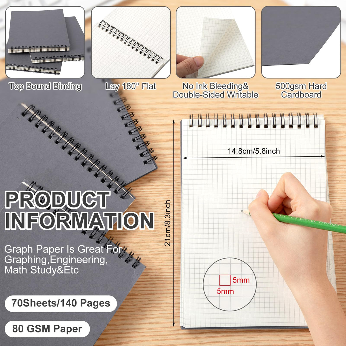 Engrowtic 6 Pack Graph Paper Spiral Notebook A5,Dark Grey