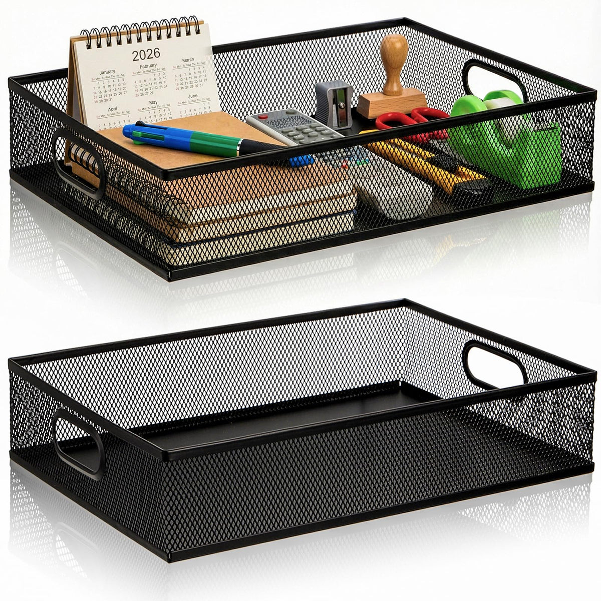 Elsjoy 2 Pack Desk Drawer Organizer Tray, Metal Mesh Desktop Storage Tray Office File Organizer