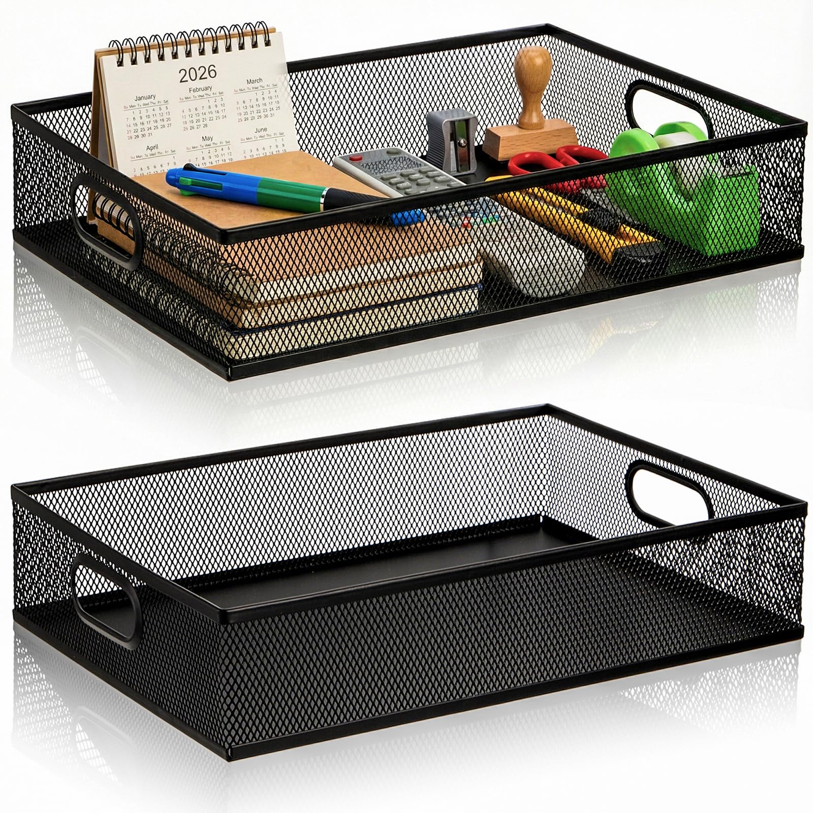 Elsjoy 2 Pack Desk Drawer Organizer Tray, Metal Mesh Desktop Storage Tray Office File Organizer