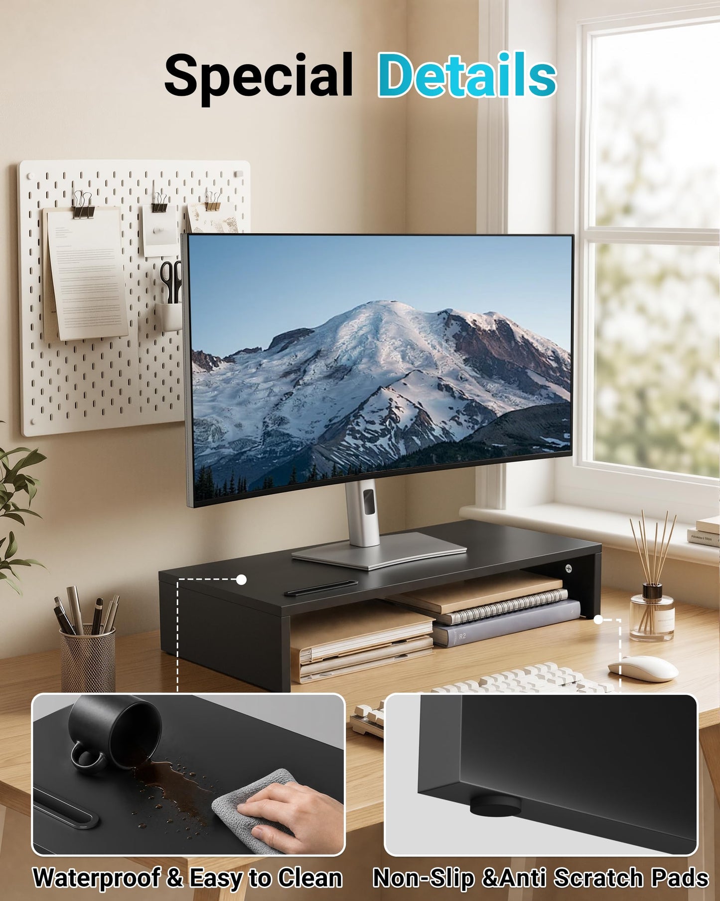 1home Ergonomic Monitor Stand Riser, 21.3 Inch Wood Desktop Stand with Cellphone Holder and Cable