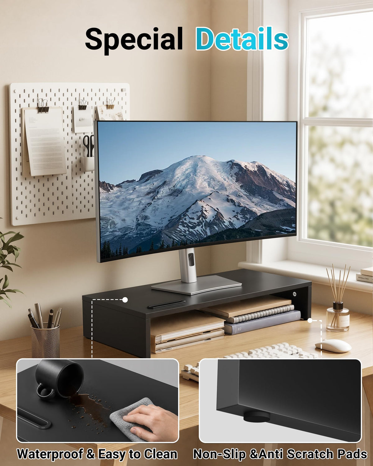 1home Ergonomic Monitor Stand Riser, 21.3 Inch Wood Desktop Stand with Cellphone Holder and Cable