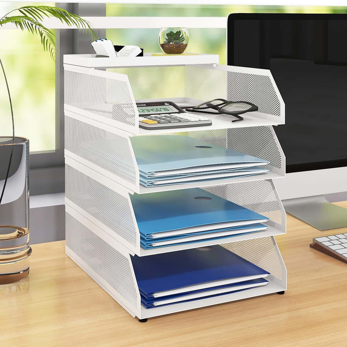 Natwind 4-Tier Stackable Metal Mesh Desk Paper Tray Organizer,White