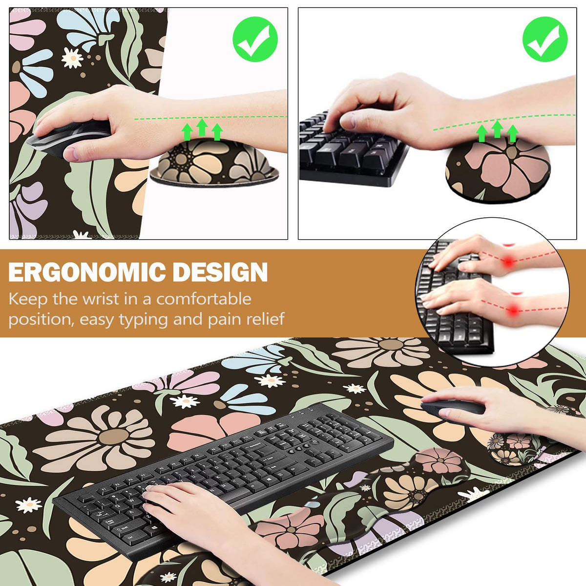 ARTSO Keyboard Wrist Rest Large Mouse Pad Wrist Support,Black Floral 4in1 Keyboard Pad Desk