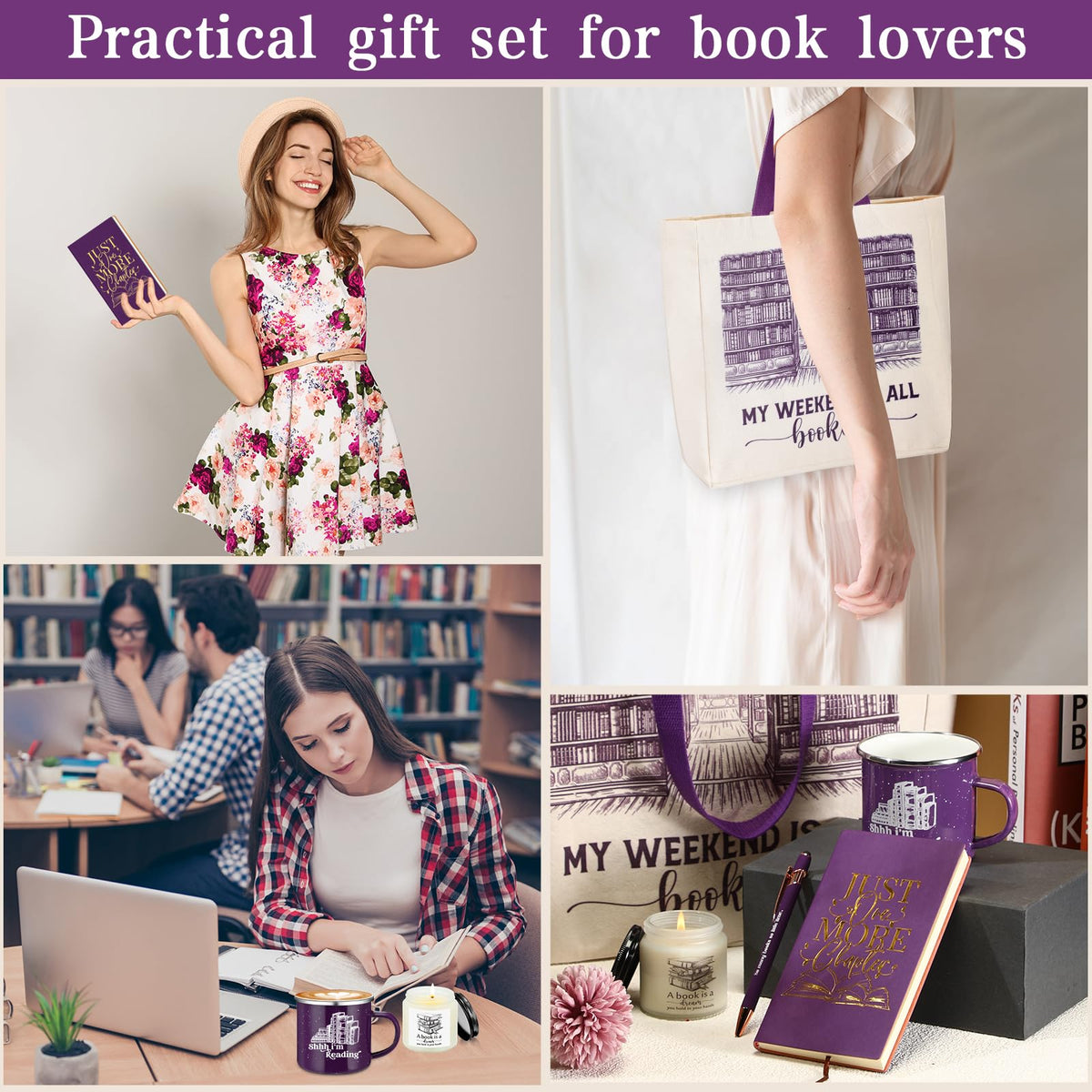 Jetec 5 Piece Book Lovers Set, Canvas Tote Bag Notebook, Candle, Purple
