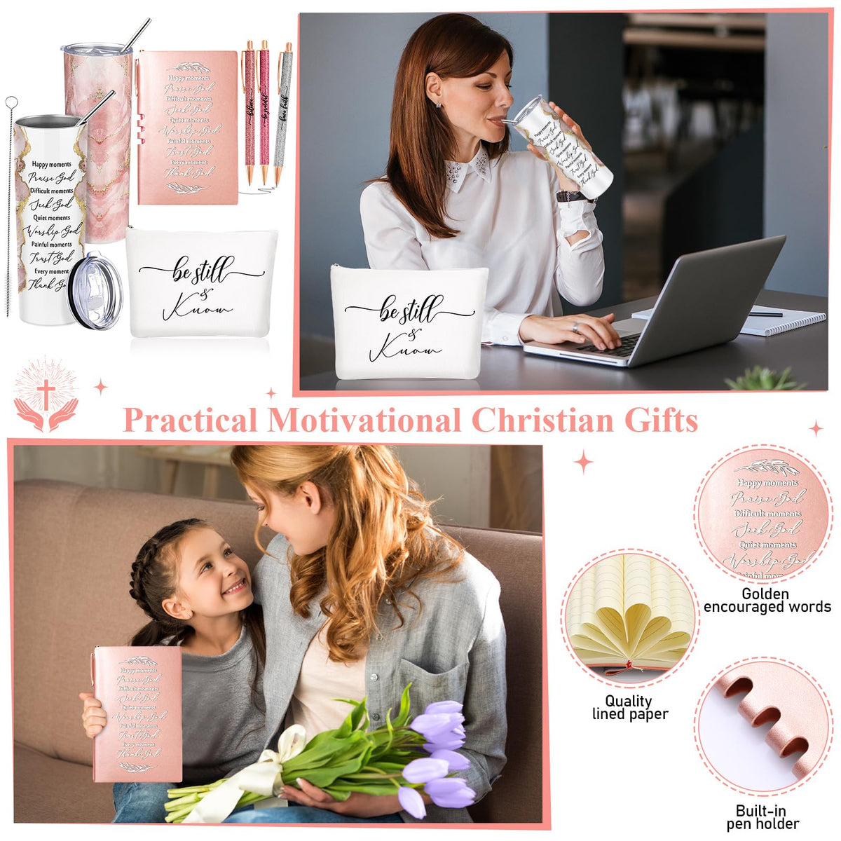 Domensi 6 Pcs Christian Gifts Set, 20 oz Tumbler Notepad Pens, Rose Pink