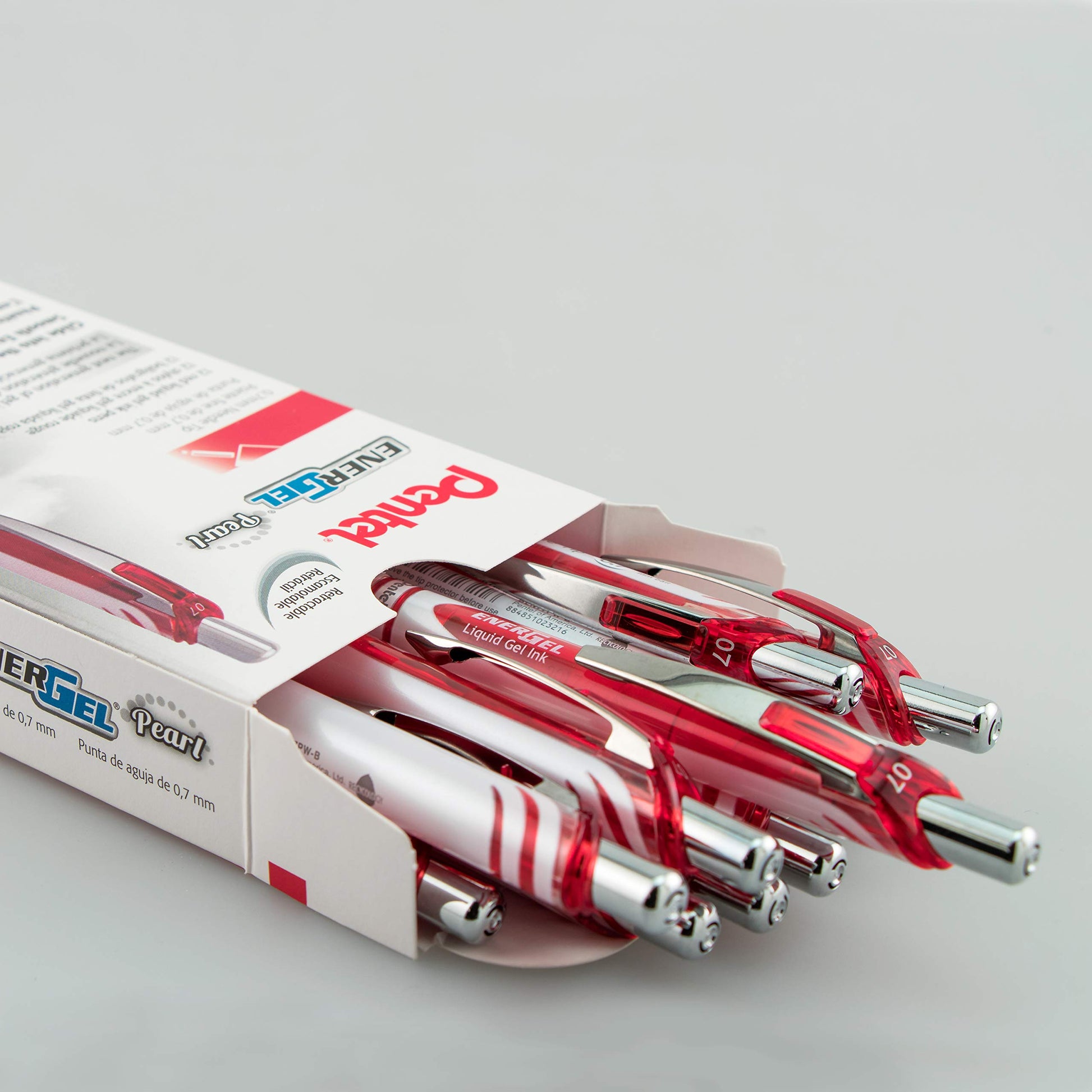 Pentel Gel Ink Pen, Pearl Retractable Gel Pen, (0.7mm) Medium Point, Needle Tip, Red Ink, 12 pack