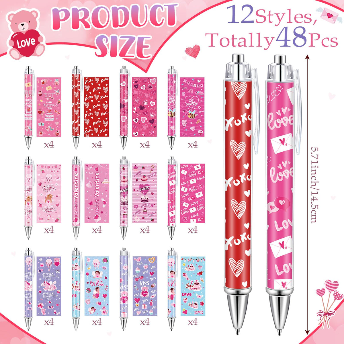 Dispowreath 48 Pcs Valentines Day Pens Bulk Valentine Gift Pen Set Heart Pens Love Gel Ink Pen Cute