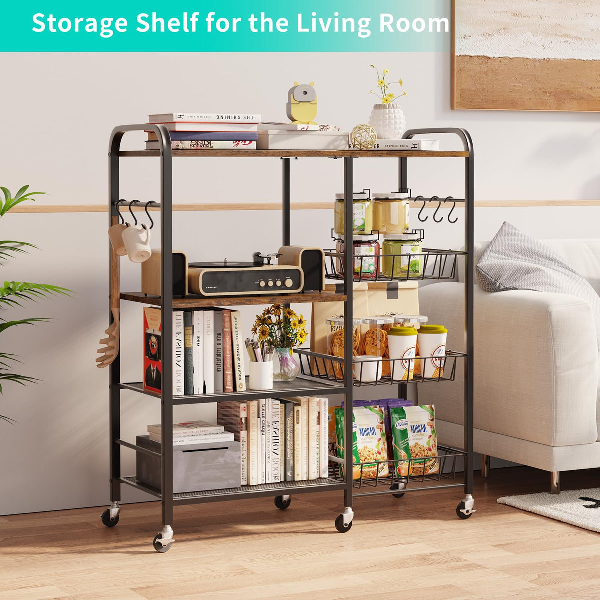 HapiRm Rolling Kitchen Microwave Cart - 4 Tier Microwave Table Stand with Pull-Out Baskets, Coffee