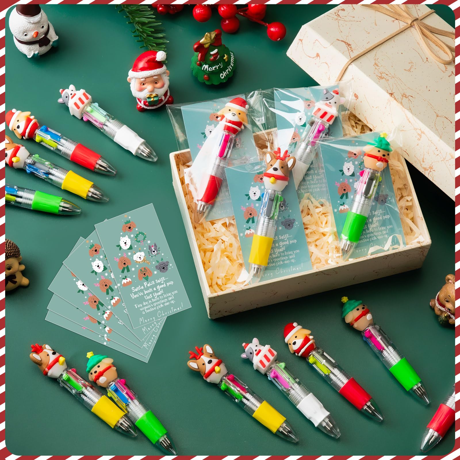Sayglossy 24 Sets Christmas Dog Pens Bulk with Cards, 4-in-1 Multicolor Retractable Ballpoint Pens