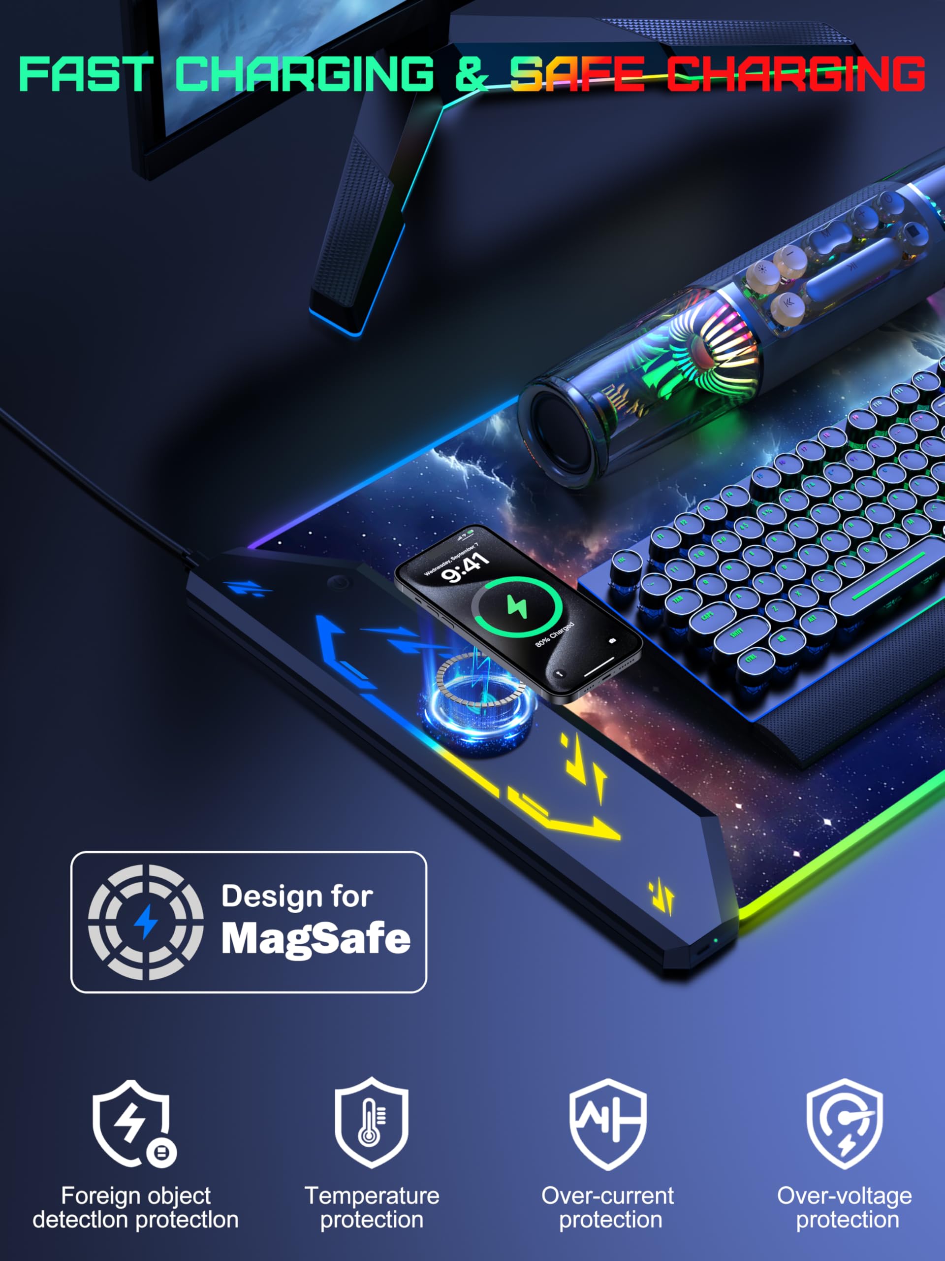 5-in-1 RGB Mouse Pad with Wireless Charging, Gaming Desk Mat, Blue Nebula