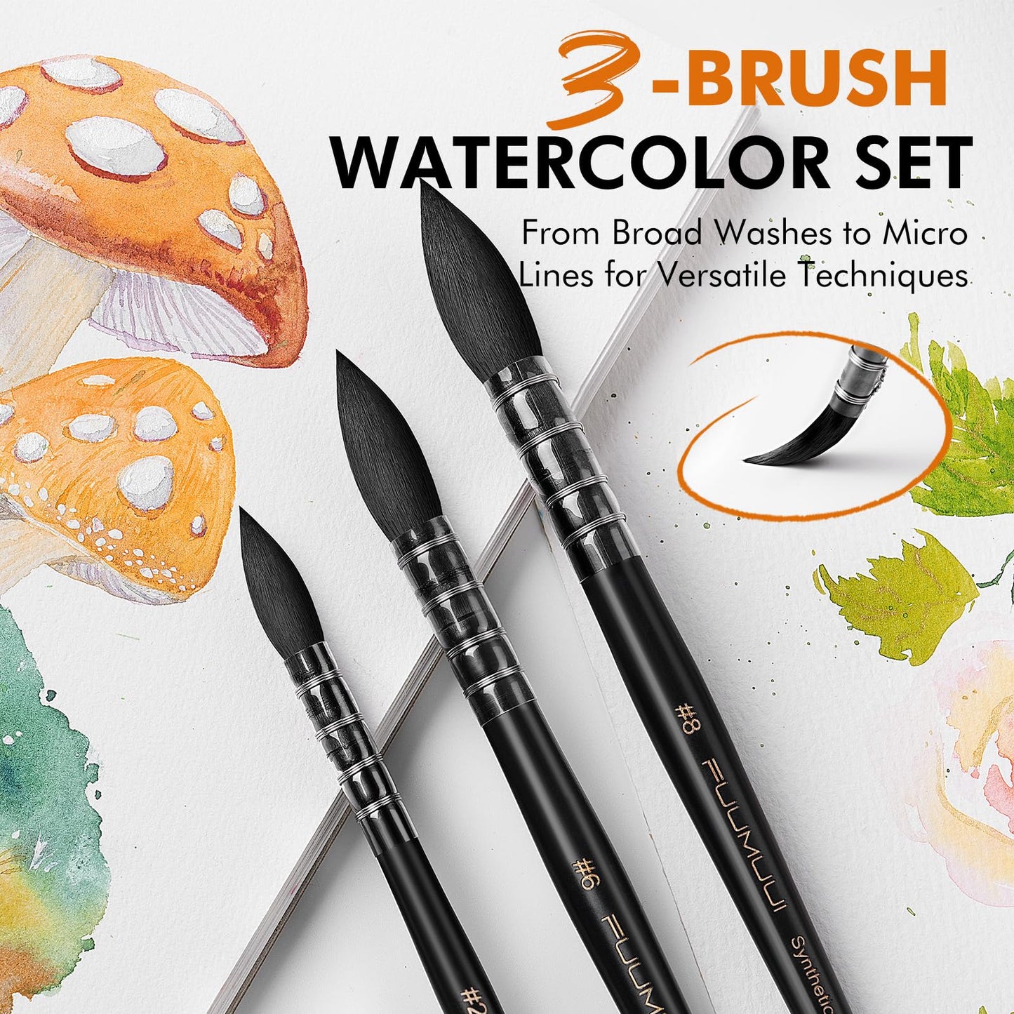 Watercolor Brushes Set, 3Pcs Fuumuui Round Quill Mop Fine Tips Watercolor Paint Brush, Soft