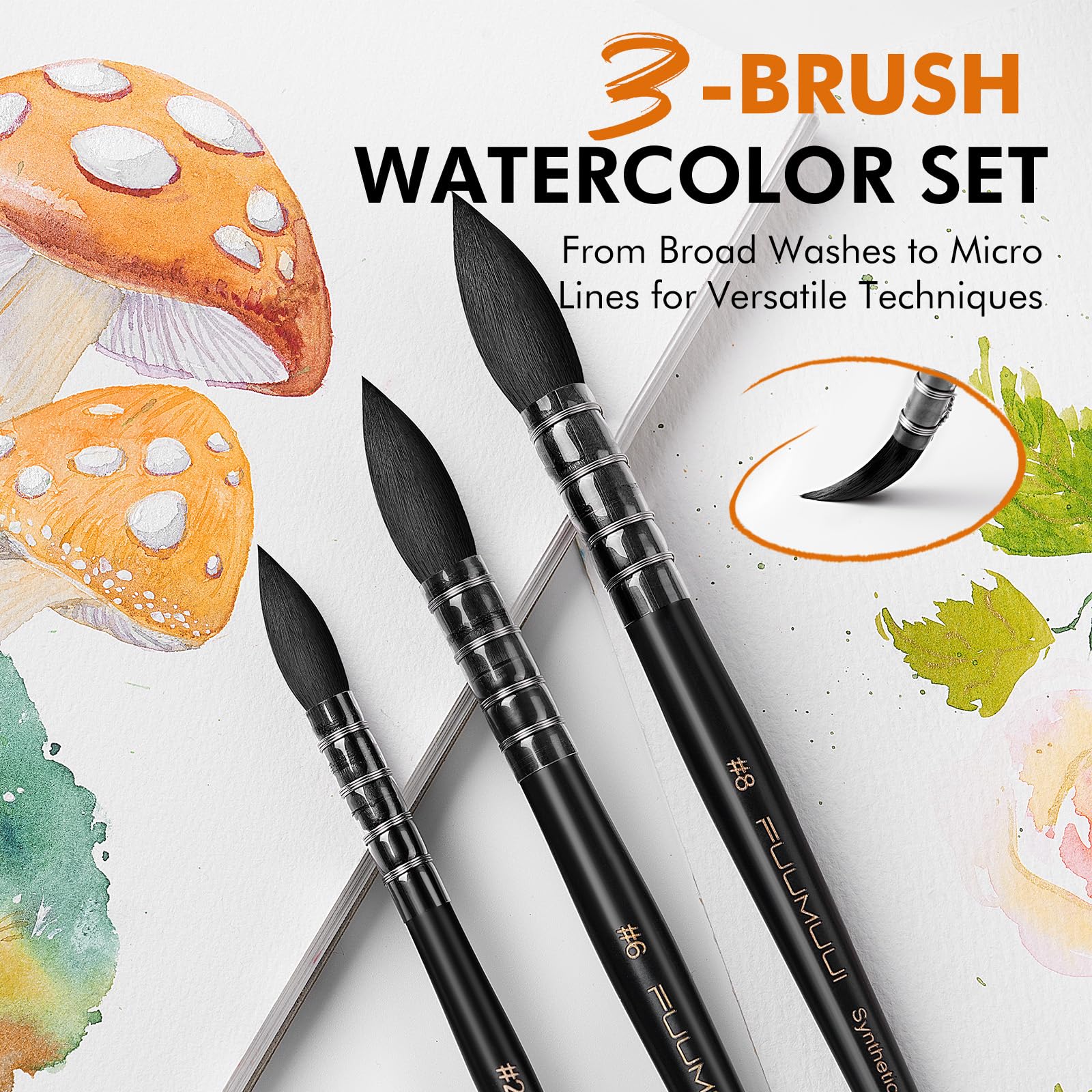 Watercolor Brushes Set, 3Pcs Fuumuui Round Quill Mop Fine Tips Watercolor Paint Brush, Soft
