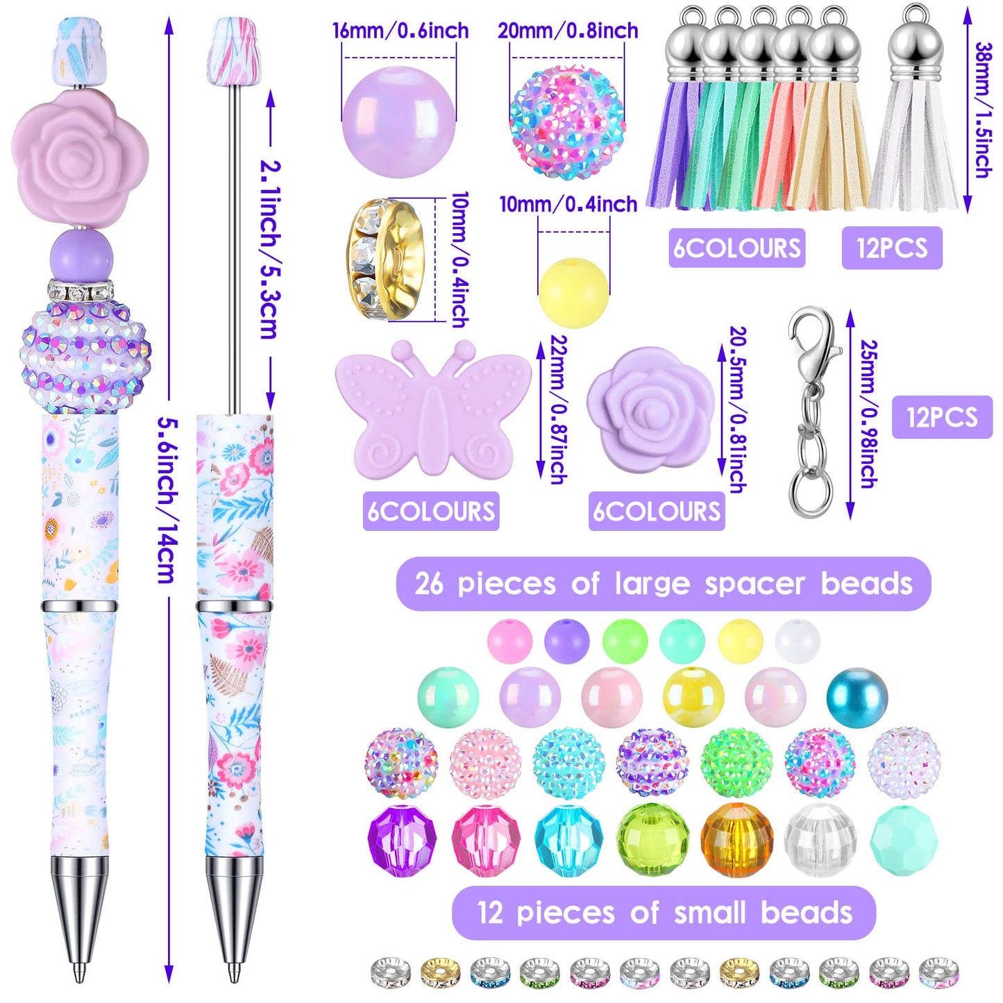 Teling 12 Sets Butterfly Flower Beadable Pens Black Ink Ballpoint Beaded