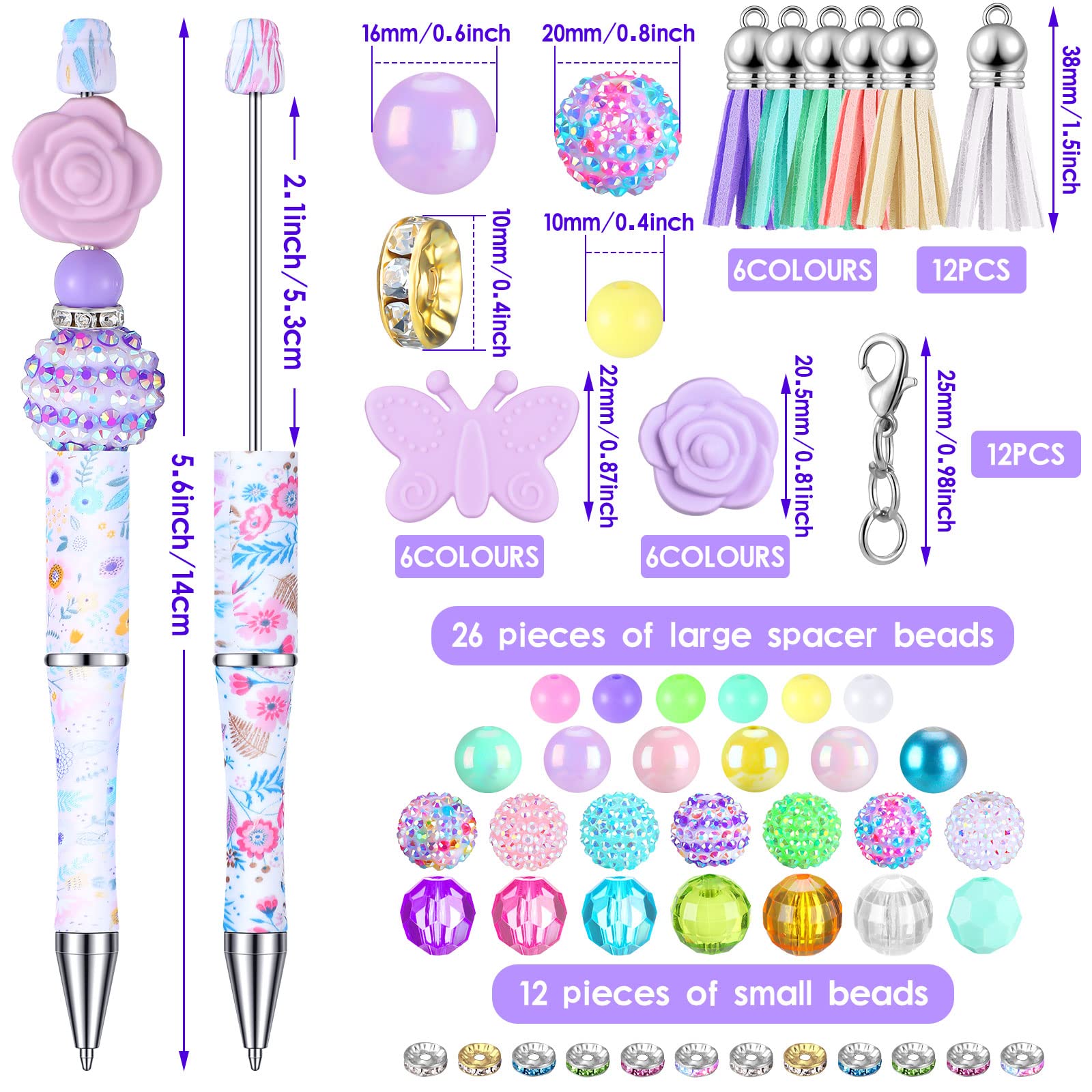 Teling 12 Sets Butterfly Flower Beadable Pens Black Ink Ballpoint Beaded