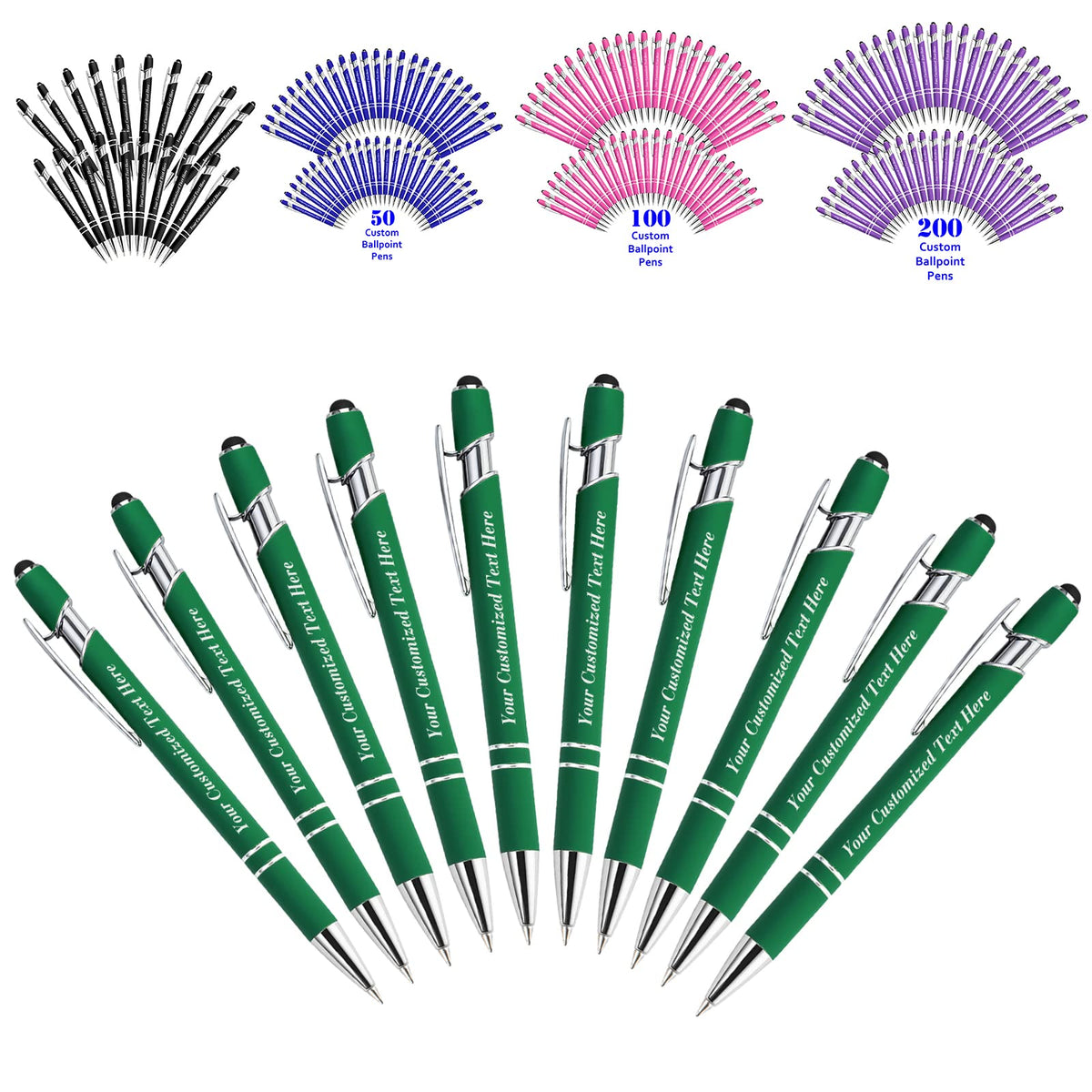 10 Pcs Personalized Pens in Bulk with Stylus Tip - Custom Print with Name 0.5 mm Soft Touch Medium