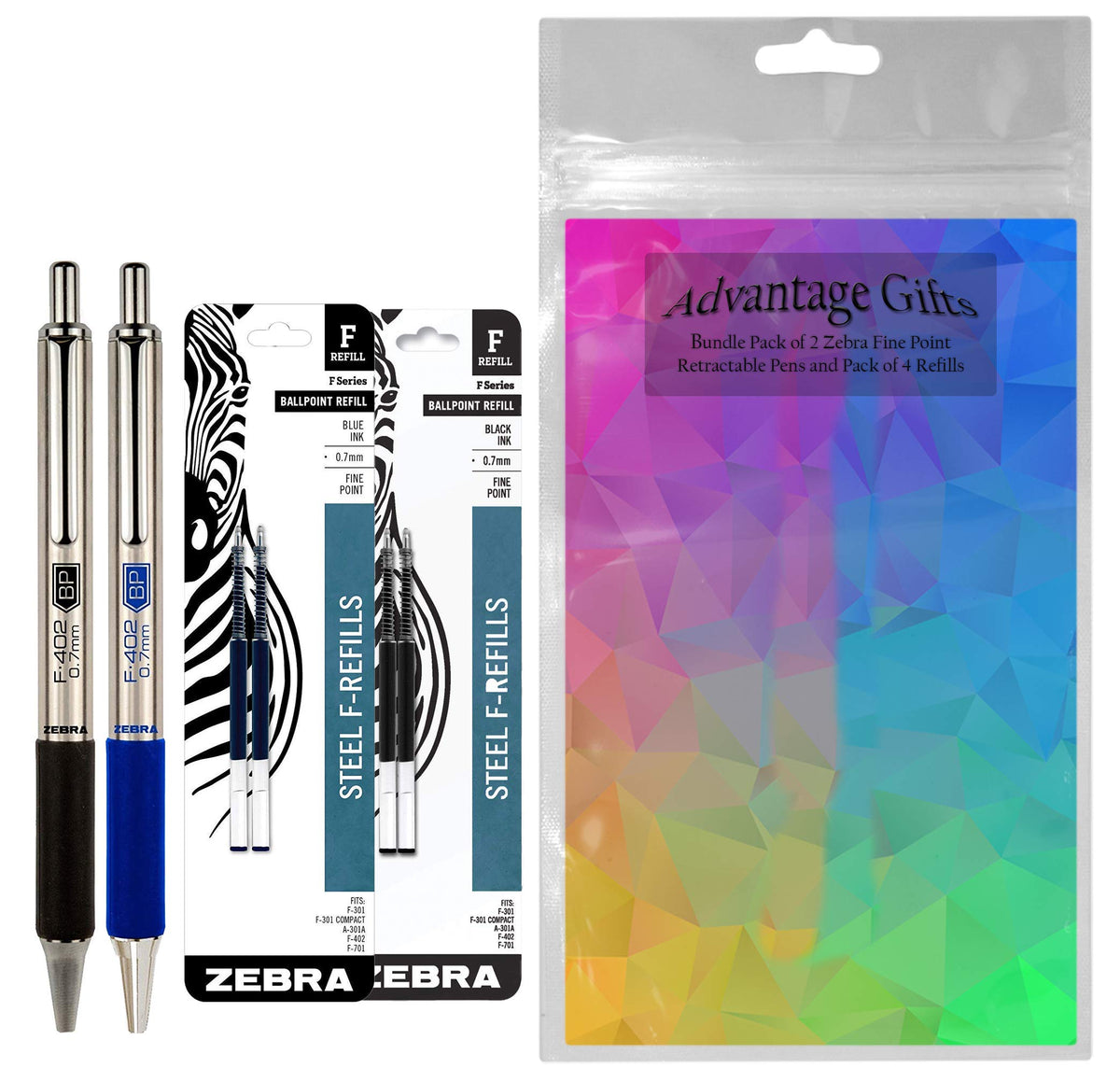 Zebra F-402 Ballpoint Stainless Steel Retractable Pens With Refills, Fine Point, 0.7mm, Black/Blue