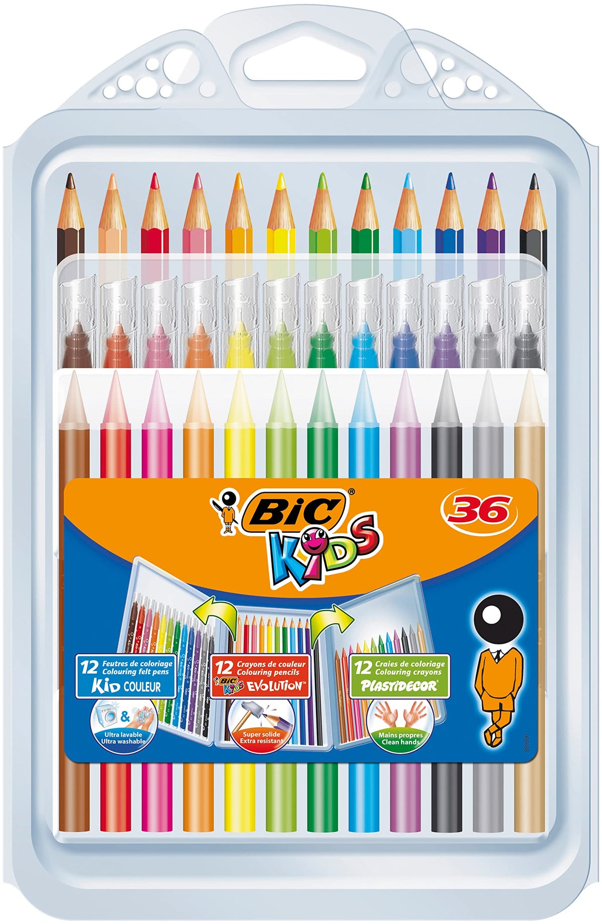 BIC Kids Colouring Kit for Children - 8 Felt-Tip Pens / 8 Coloured Pencils / 12 Chalks/Plastic Case