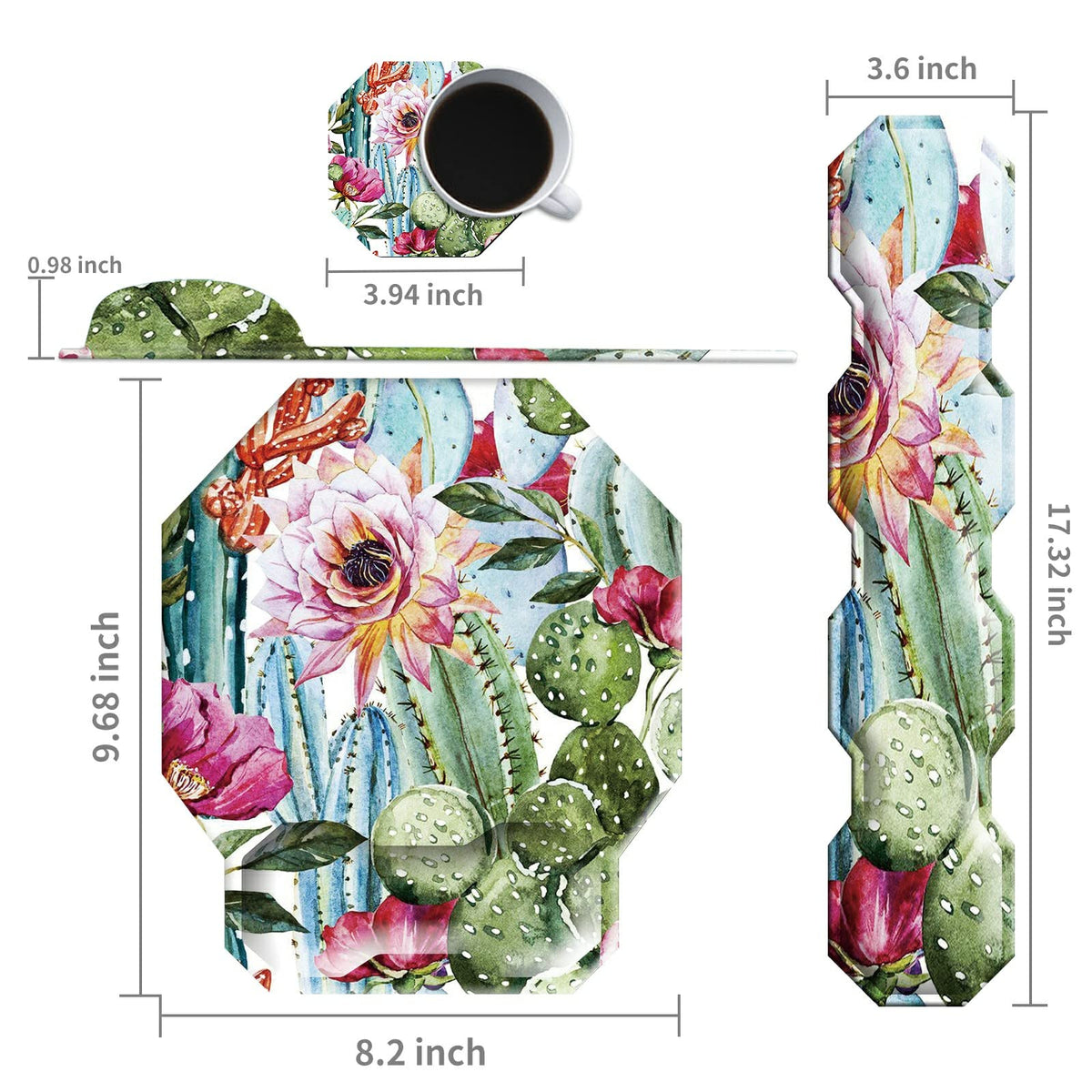 Cactus Succulent Keyboard Wrist Support Pad Mouse Pad with Wrist Rest Matching Coasters, Ergonomic