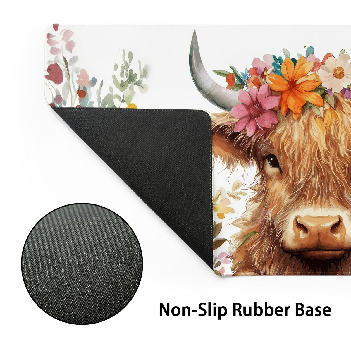 Aesthetic Highland Cow Gaming Mouse Pad XL Cow Print Blue Orange Floral Extended Large Mat Mousepad