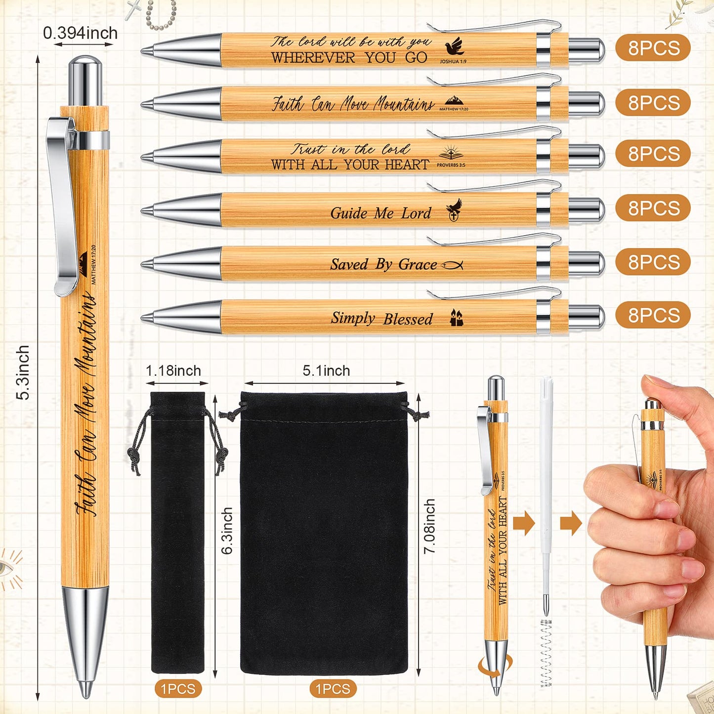 Roowest 48 Bible Verse Bamboo Pens, VBS Volunteer Gifts, Black Ink