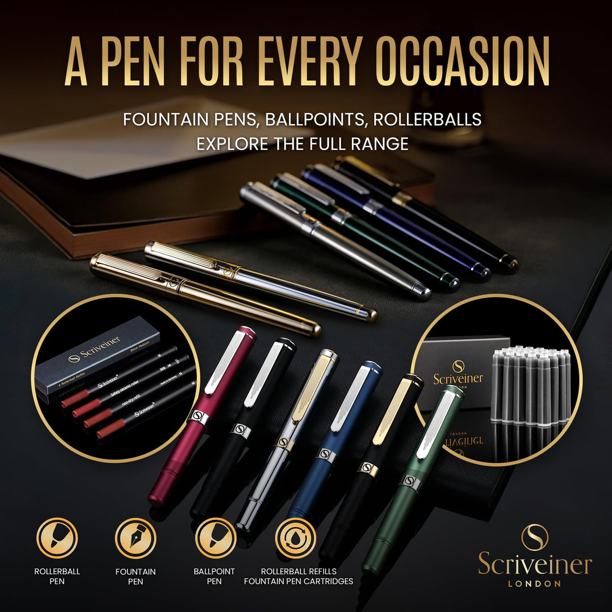 Scriveiner Luxury Fountain Pen - Stunning Luxury Pen, Real Gold Finish, Schmidt Gilded Nib (Fine)