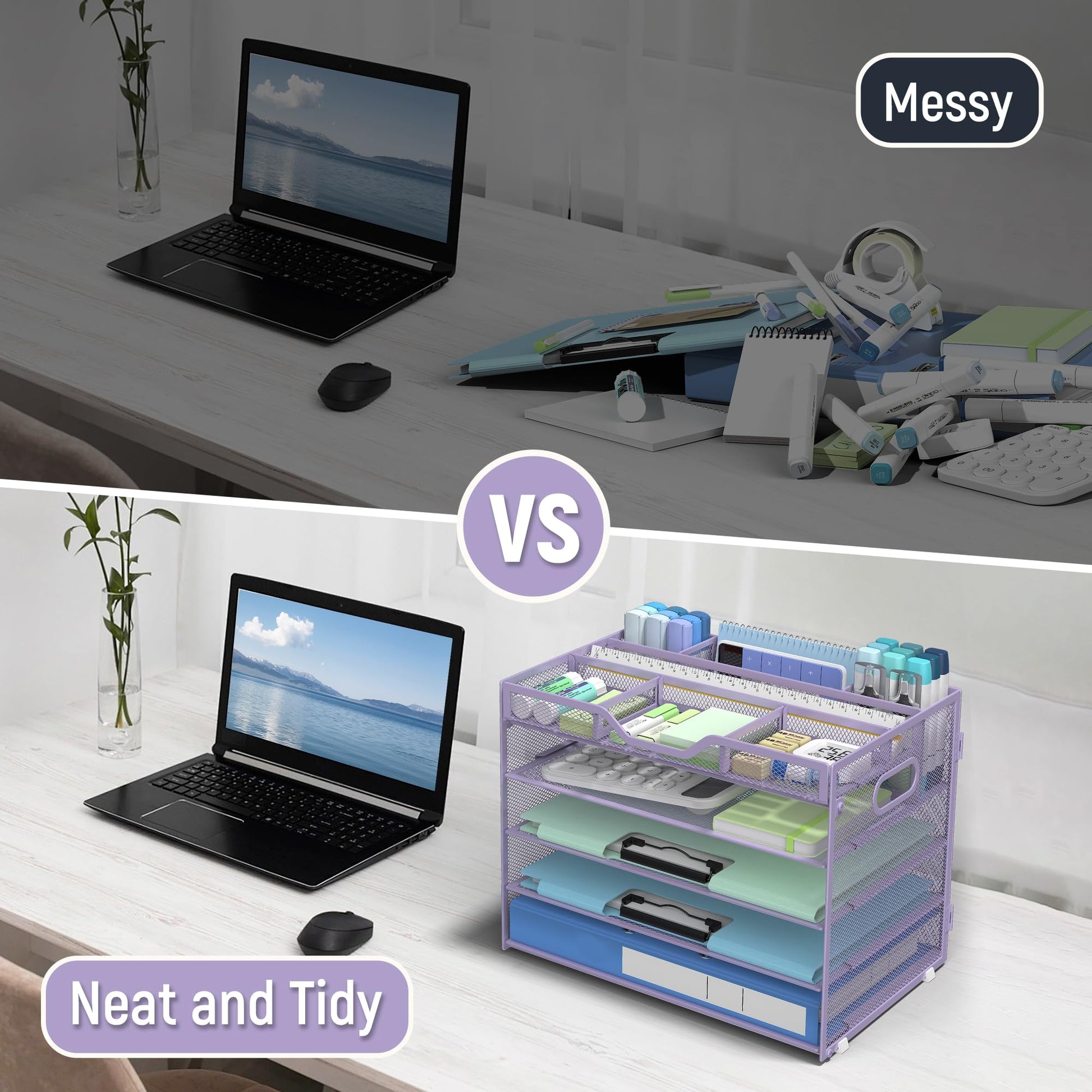 Docnest 5 Tier Mesh Desk Organizer with Removable Tray&Pen Holder, Purple