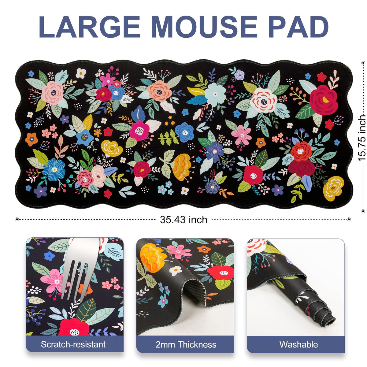 L-SPOUTTO Floral Mouse Pad, Black Scalloped Desk Mat XXL Gaming Mousepad