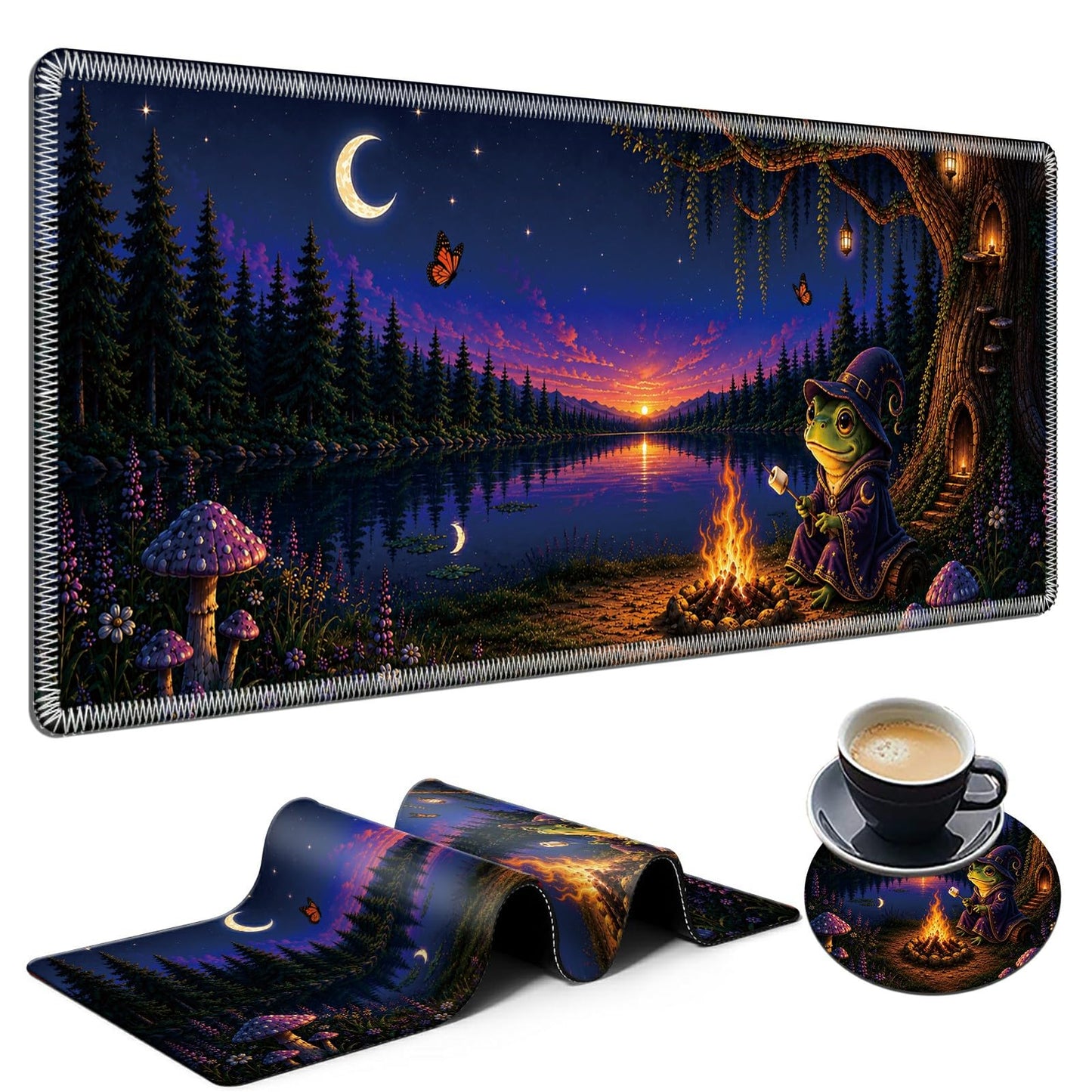Frog Campfire Night Large Mouse Pad, 31.5 x 11.8 in Extended Desk Mat