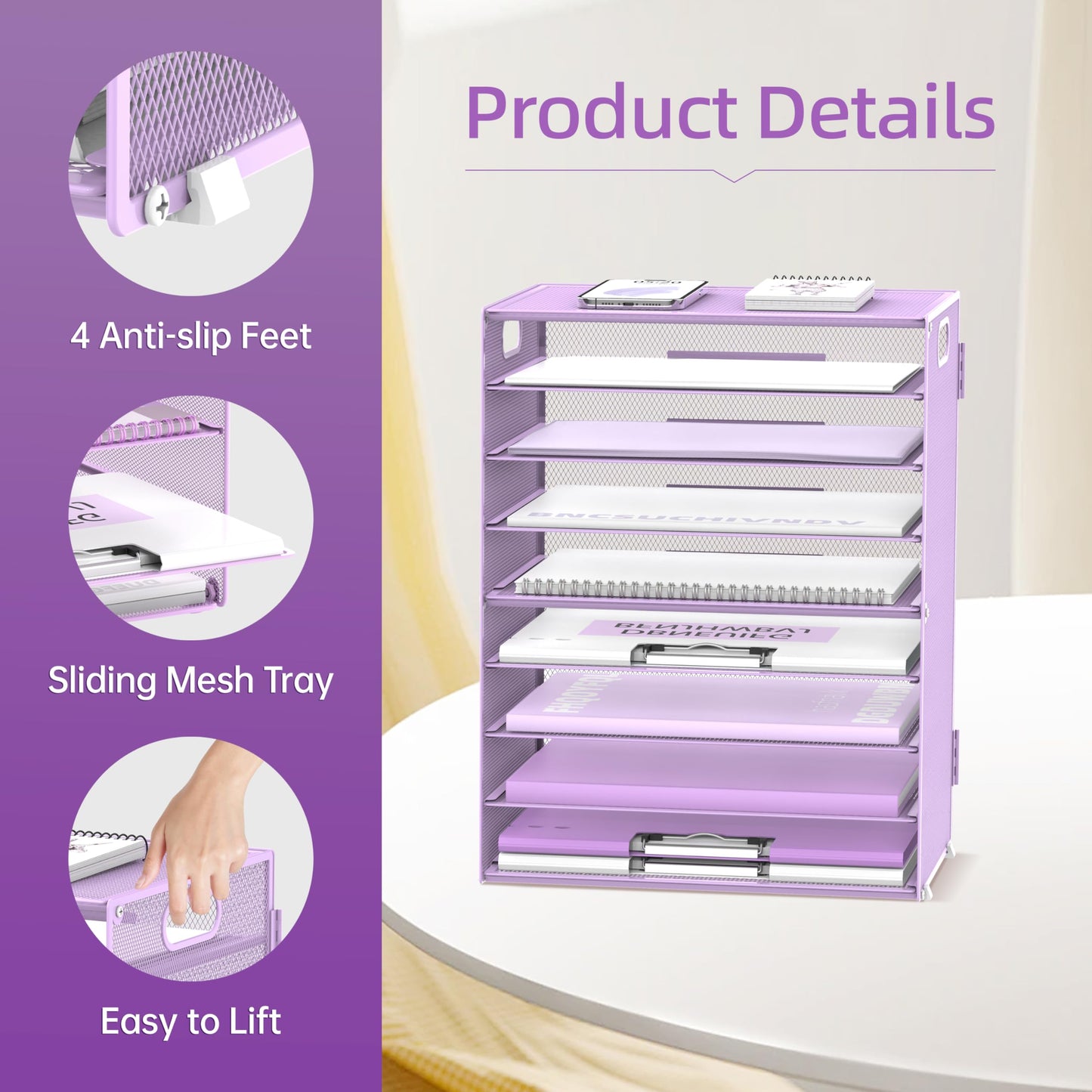9-Tier Paper Organizer for Desk, Metal Letter Tray with Handles, Purple