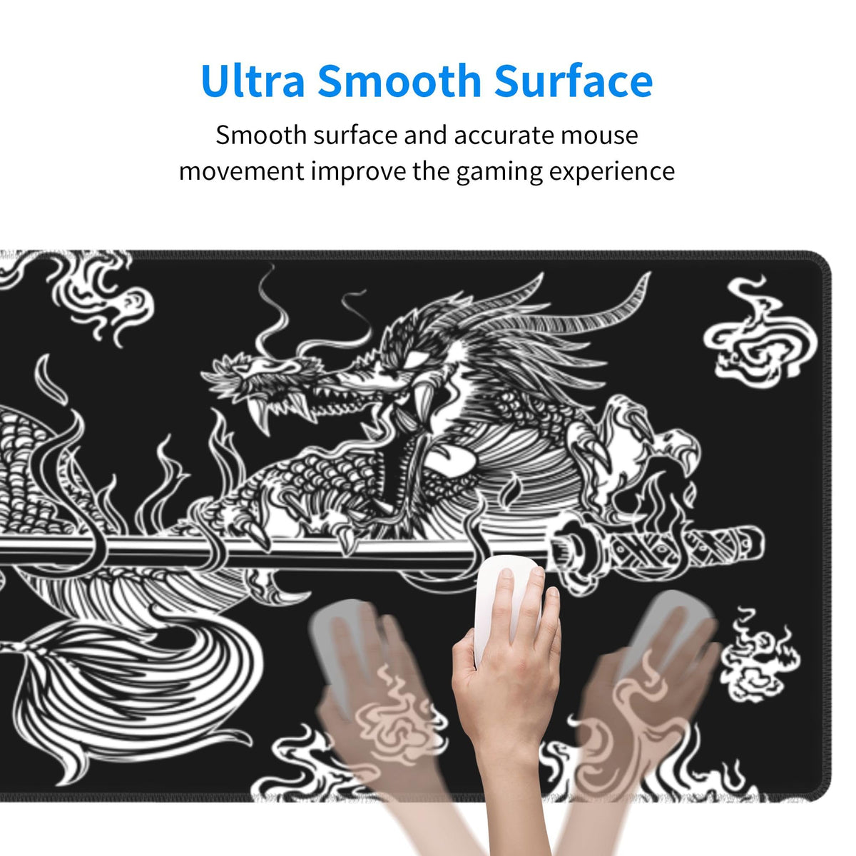 Japanese Dragon Gaming Mouse Pad Large Black Desk Mat, 31.5x11.8in, XL